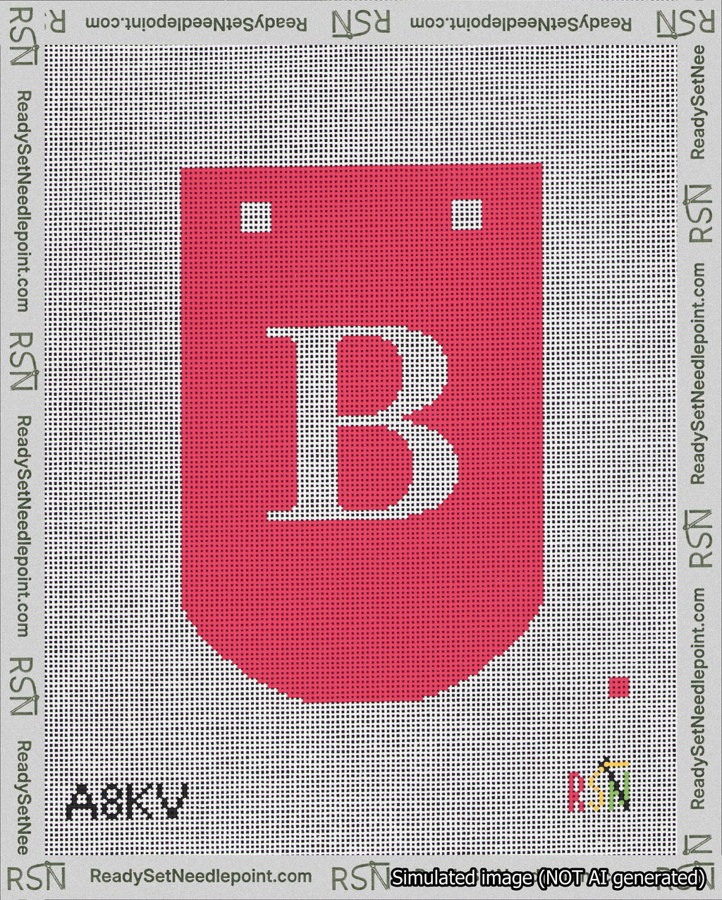 A taped needlepoint canvas with the design: Banner 18 mesh count Curved B White on Red.