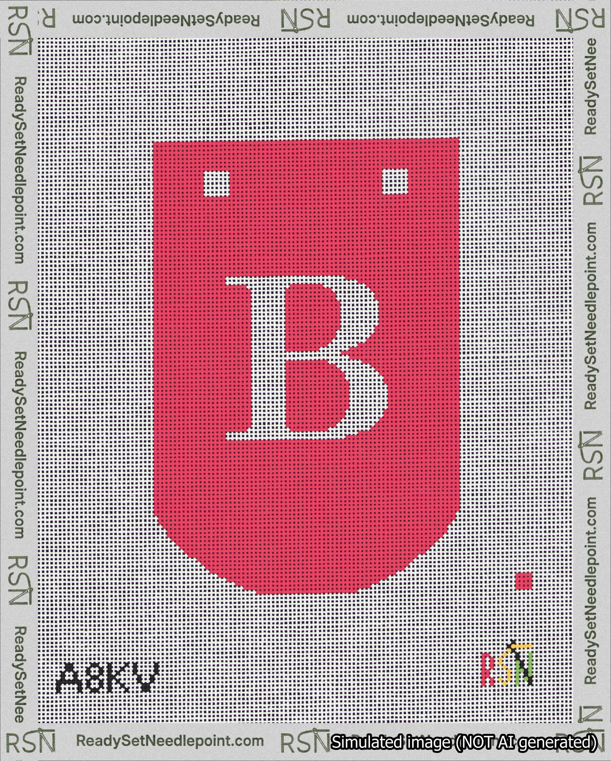A taped needlepoint canvas with the design: Banner 18 mesh count Curved B White on Red.