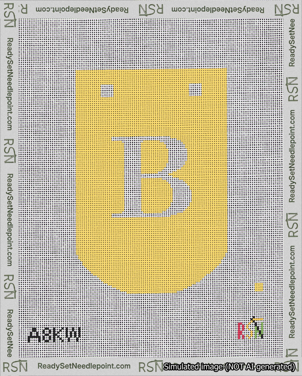 A taped needlepoint canvas with the design: Banner 18 mesh count Curved B White on Yellow.