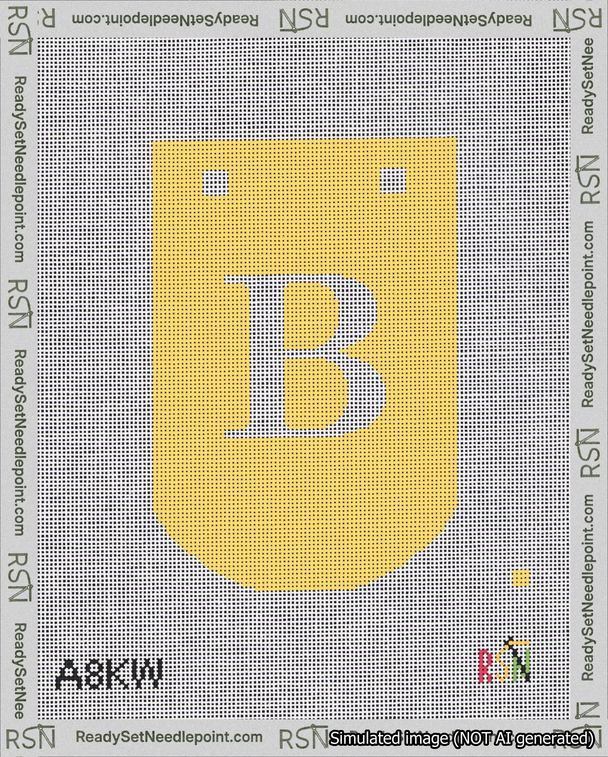 A taped needlepoint canvas with the design: Banner 18 mesh count Curved B White on Yellow.