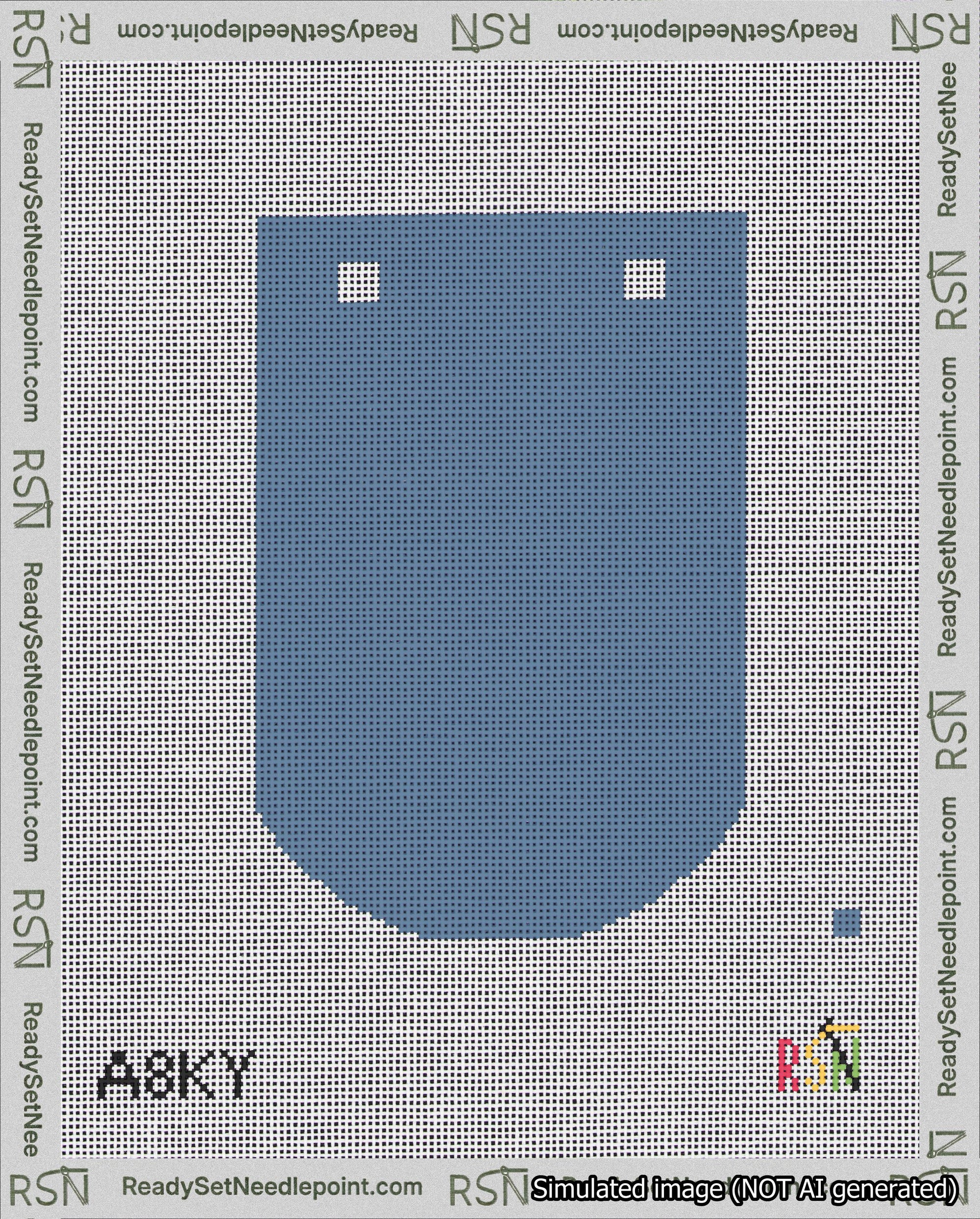 A taped needlepoint canvas with the design: Banner 18 mesh count Curved Blank Blue.