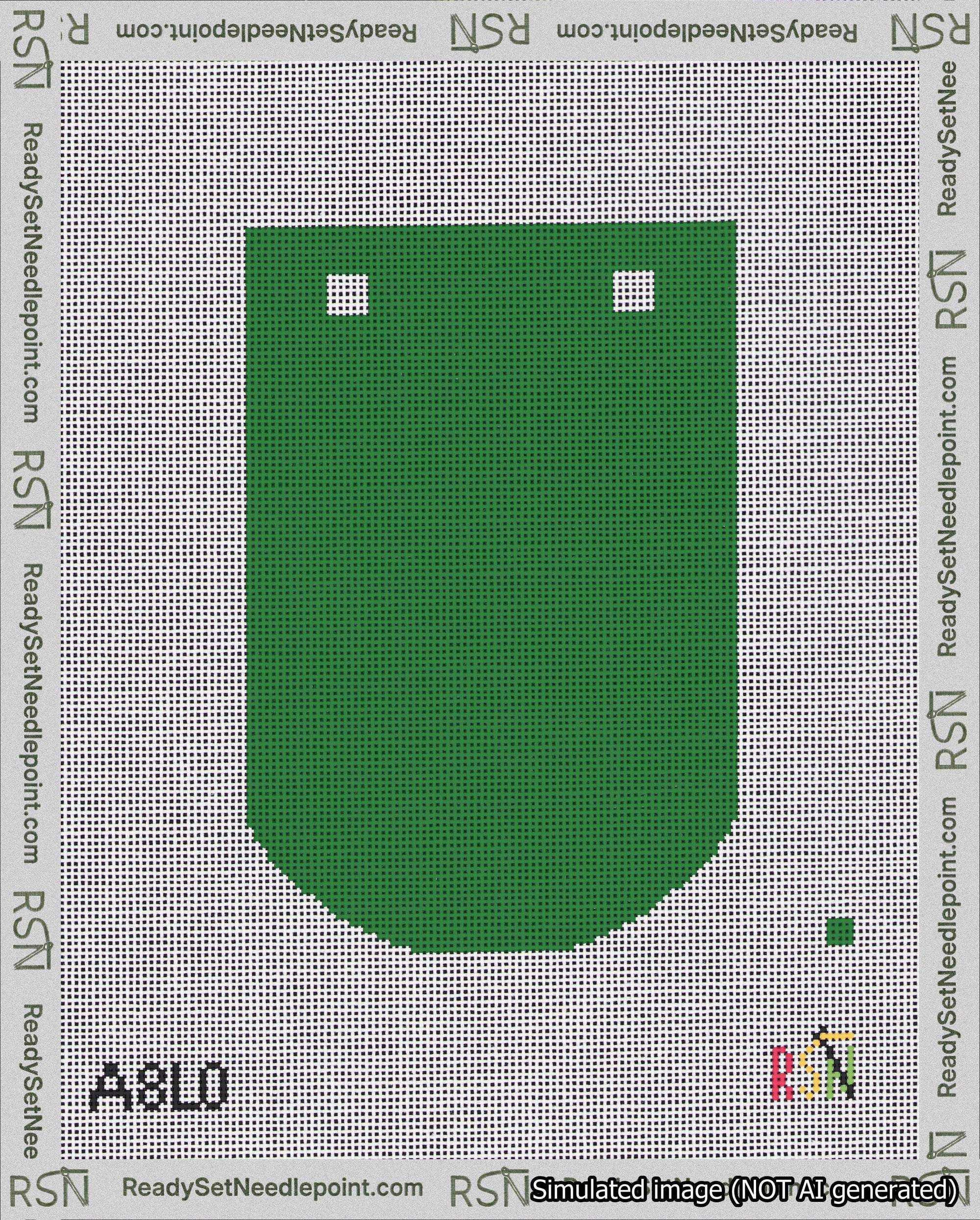 A taped needlepoint canvas with the design: Banner 18 mesh count Curved Blank Green.