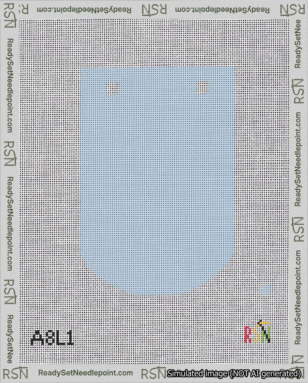 A taped needlepoint canvas with the design: Banner 18 mesh count Curved Blank Light Blue.