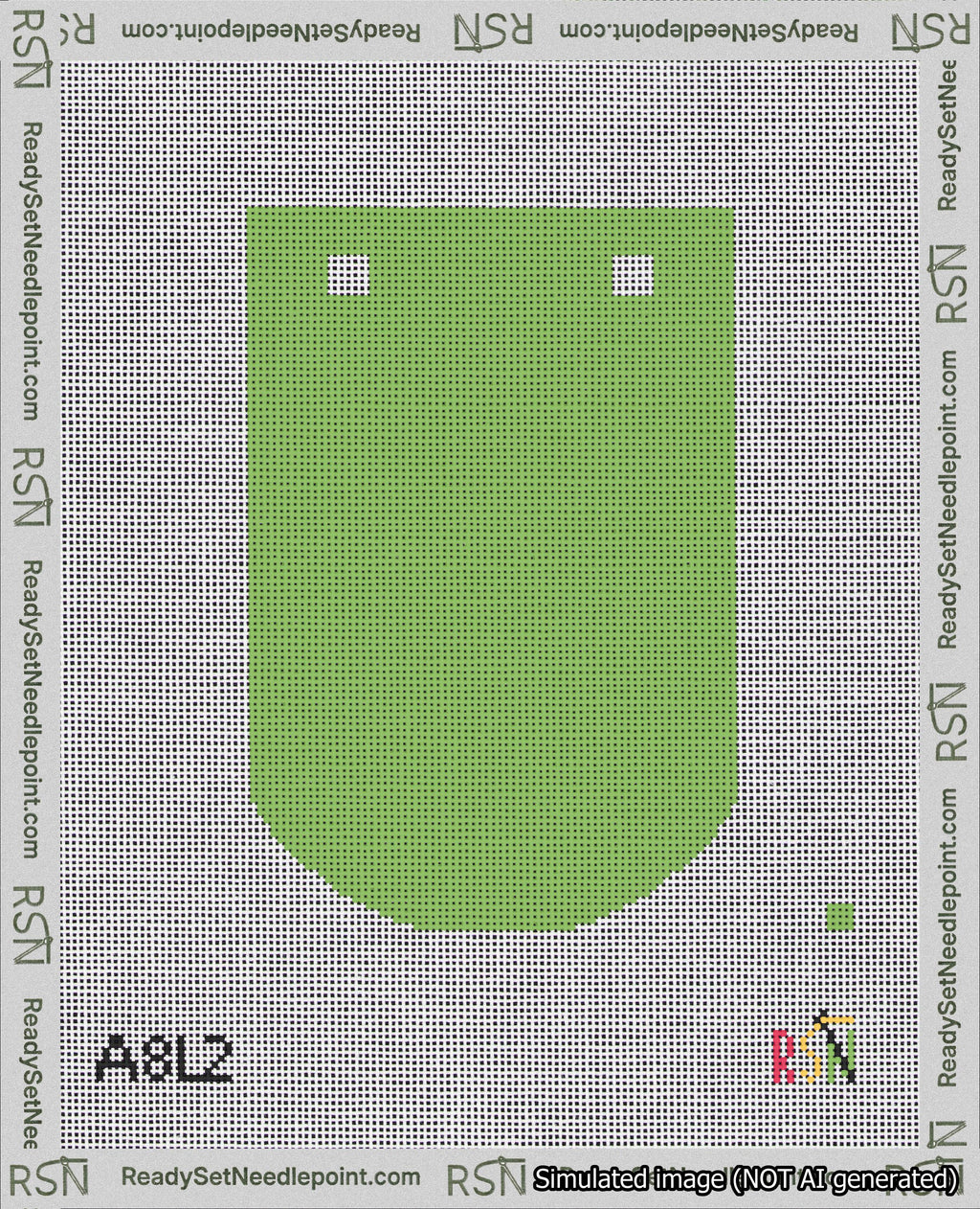 A taped needlepoint canvas with the design: Banner 18 mesh count Curved Blank Light Green.