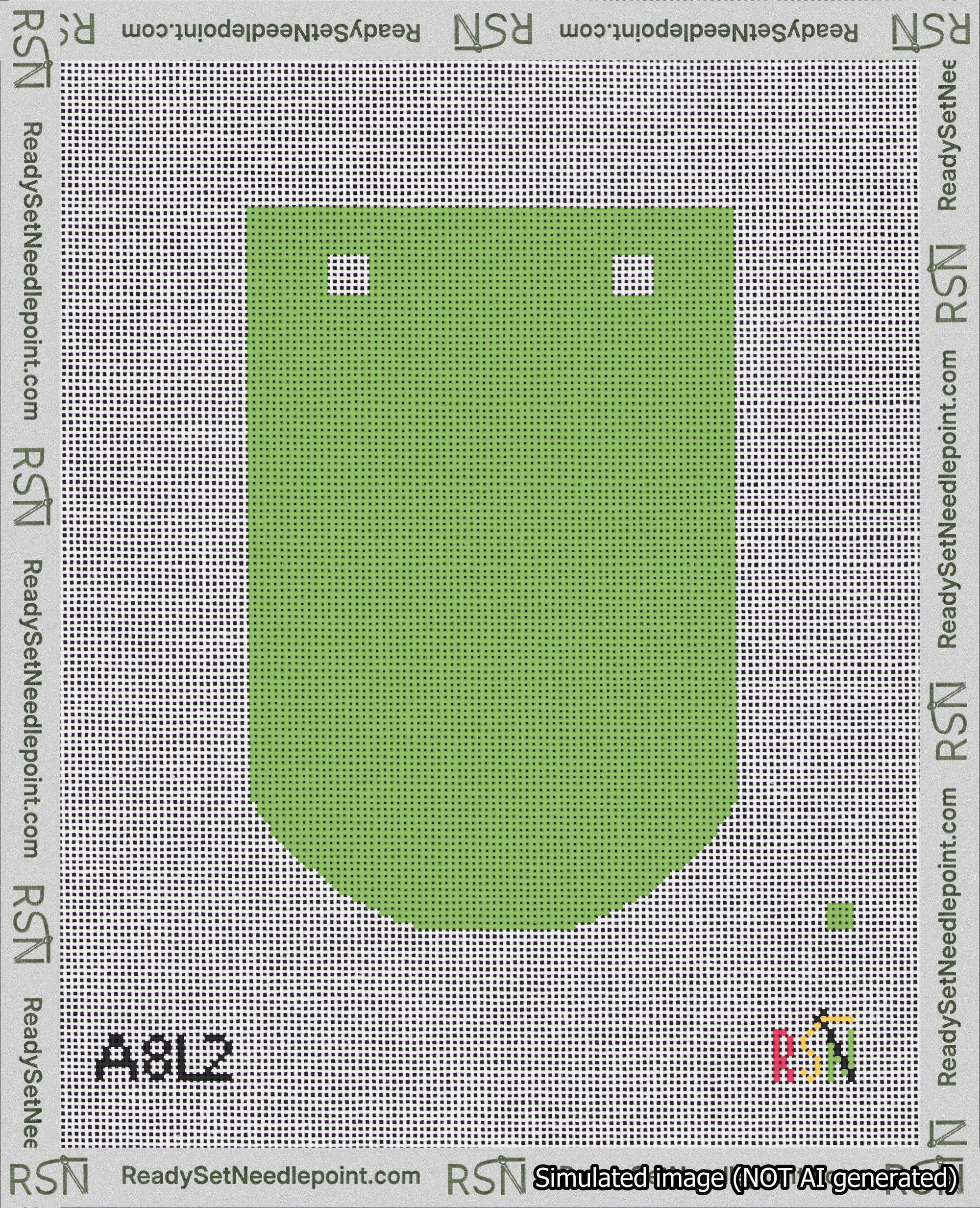 A taped needlepoint canvas with the design: Banner 18 mesh count Curved Blank Light Green.