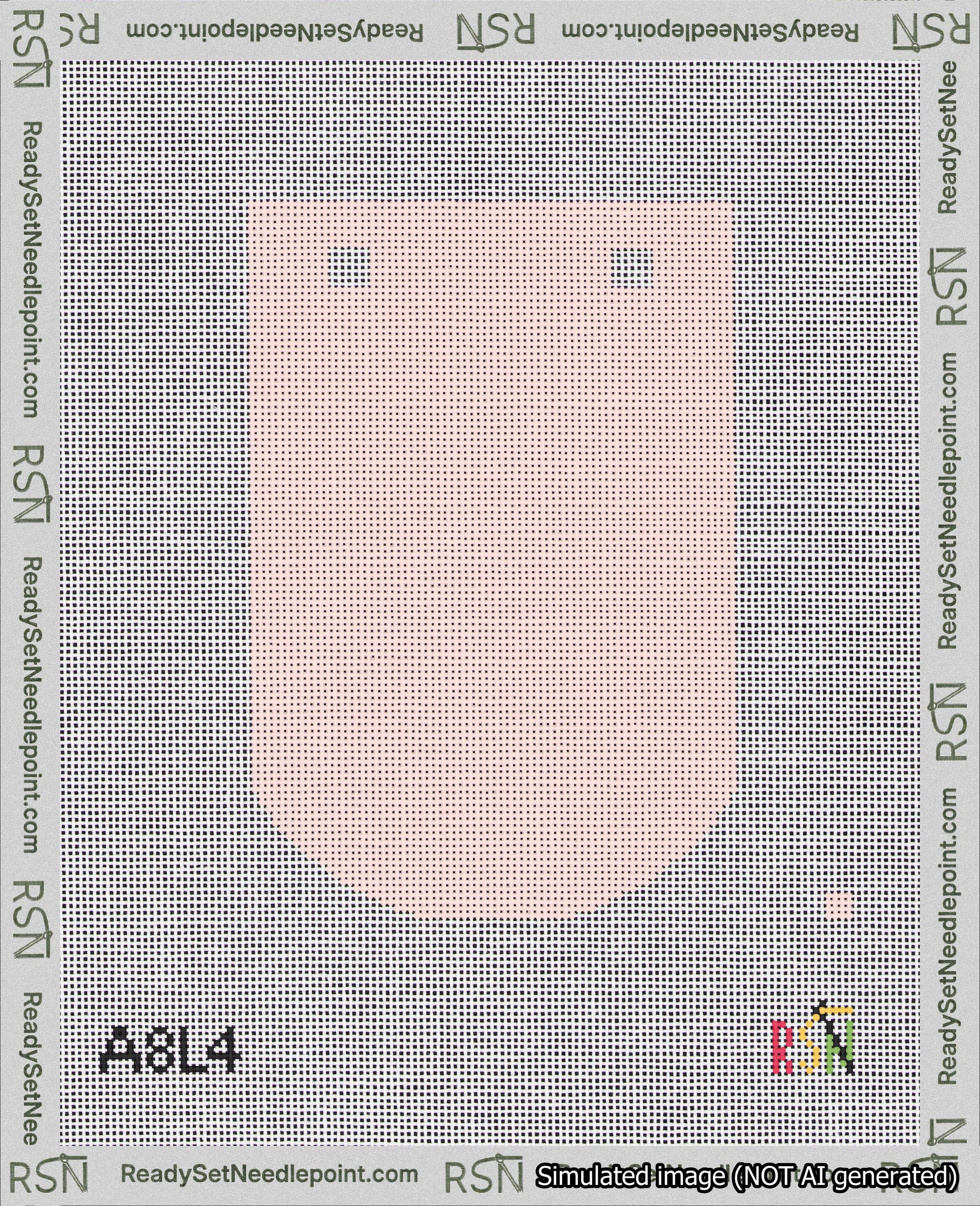 A taped needlepoint canvas with the design: Banner 18 mesh count Curved Blank Pink.