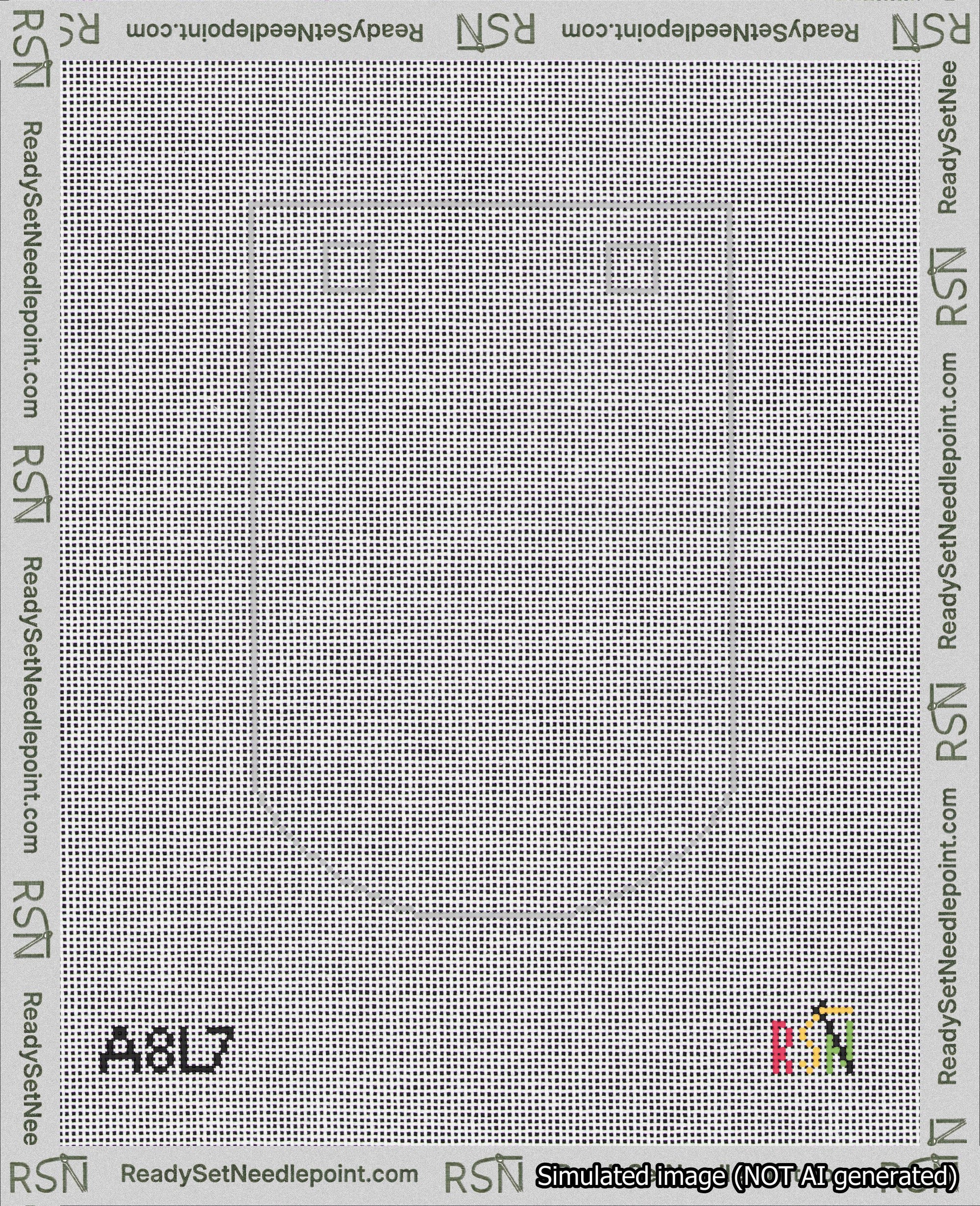 A taped needlepoint canvas with the design: Banner 18 mesh count Curved Blank White.