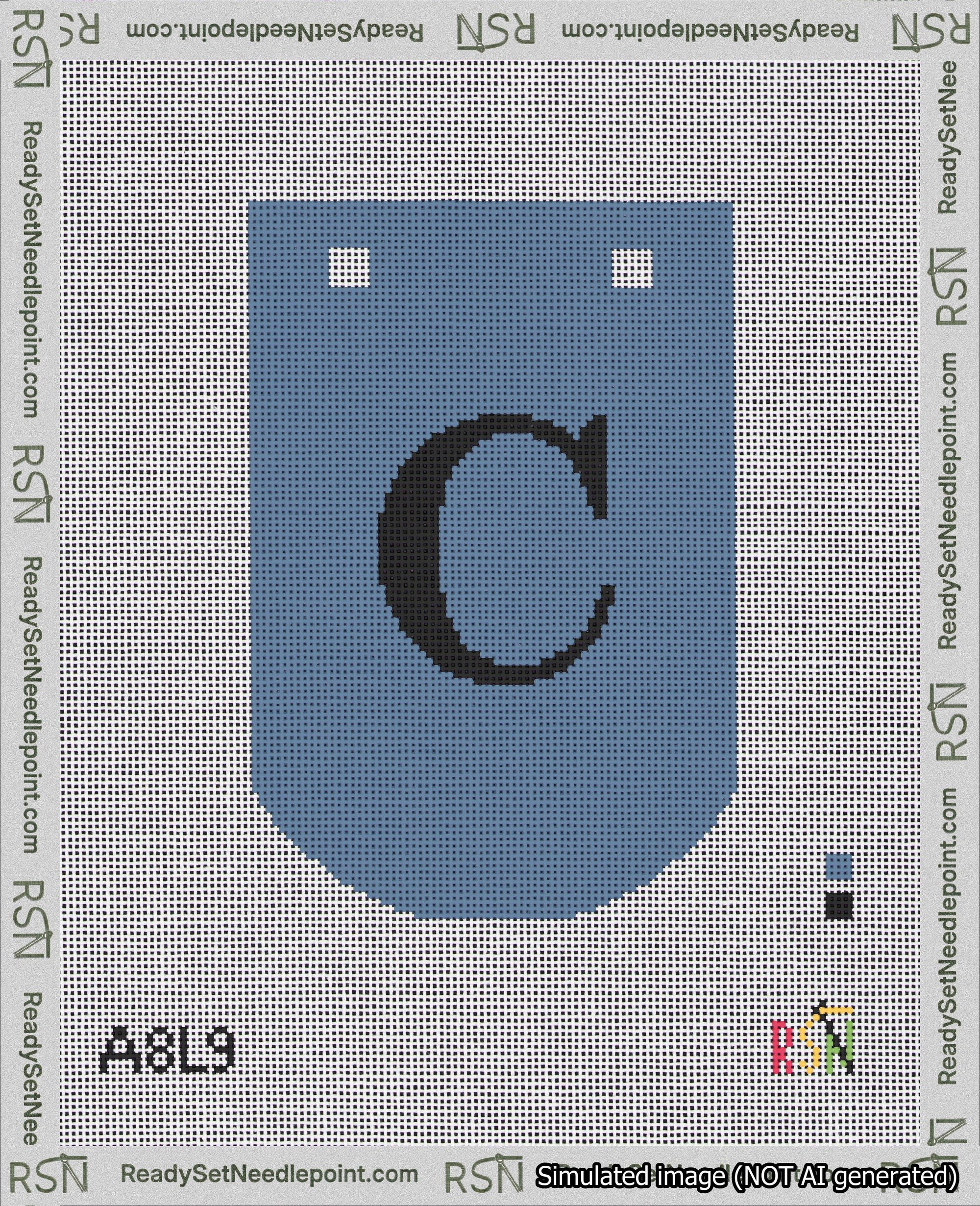 A taped needlepoint canvas with the design: Banner 18 mesh count Curved C Black on Blue.