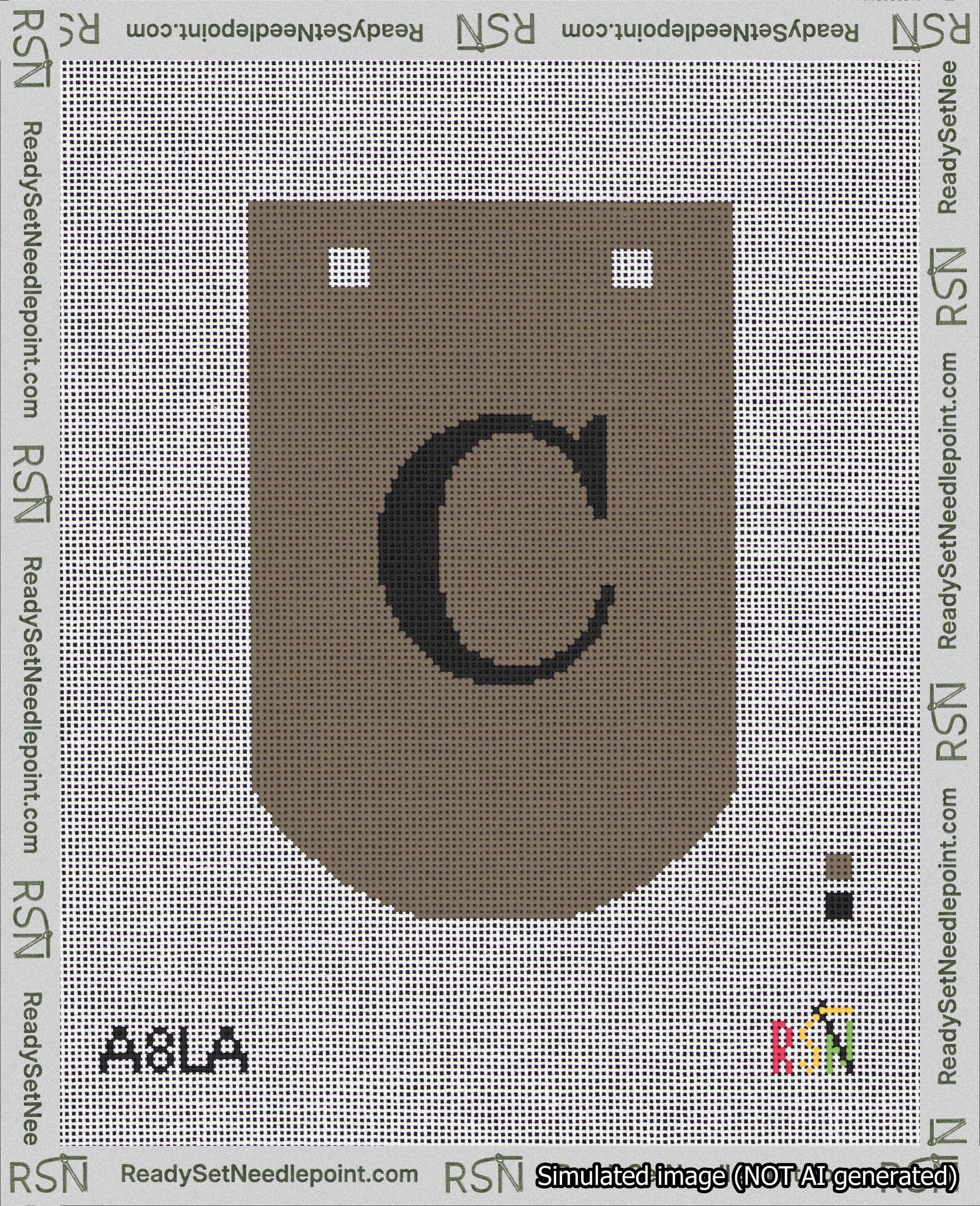 A taped needlepoint canvas with the design: Banner 18 mesh count Curved C Black on Brown.