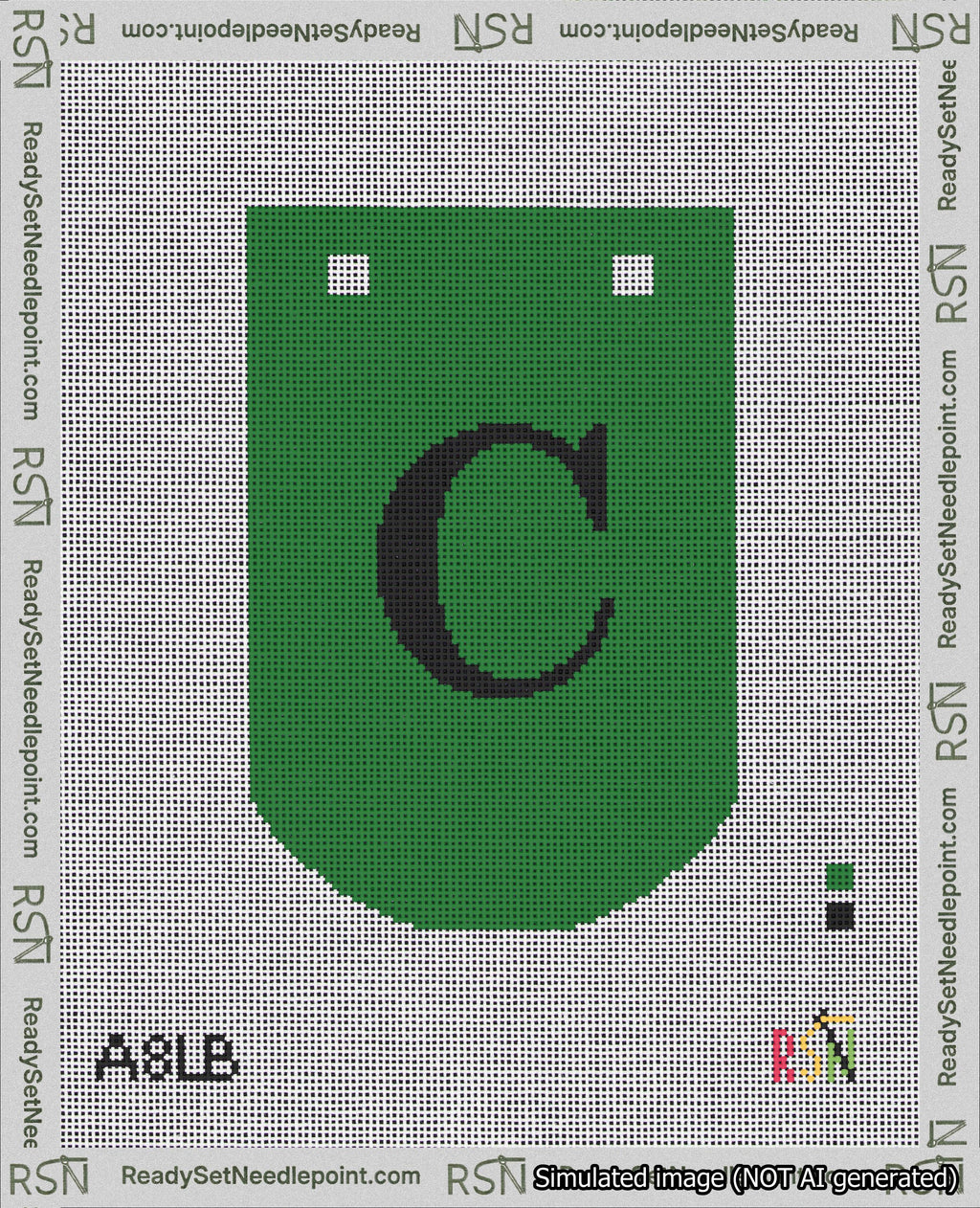 A taped needlepoint canvas with the design: Banner 18 mesh count Curved C Black on Green.