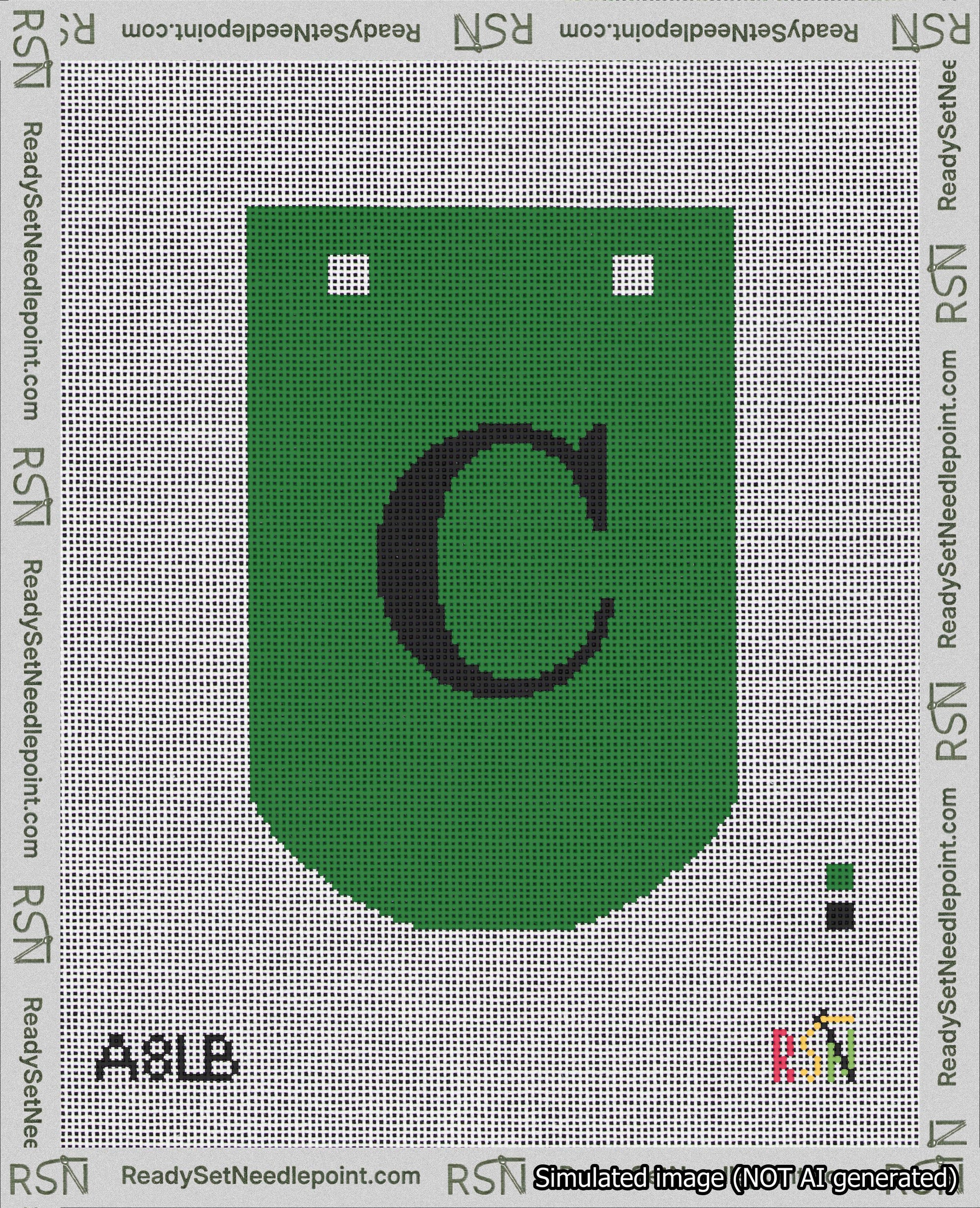 A taped needlepoint canvas with the design: Banner 18 mesh count Curved C Black on Green.