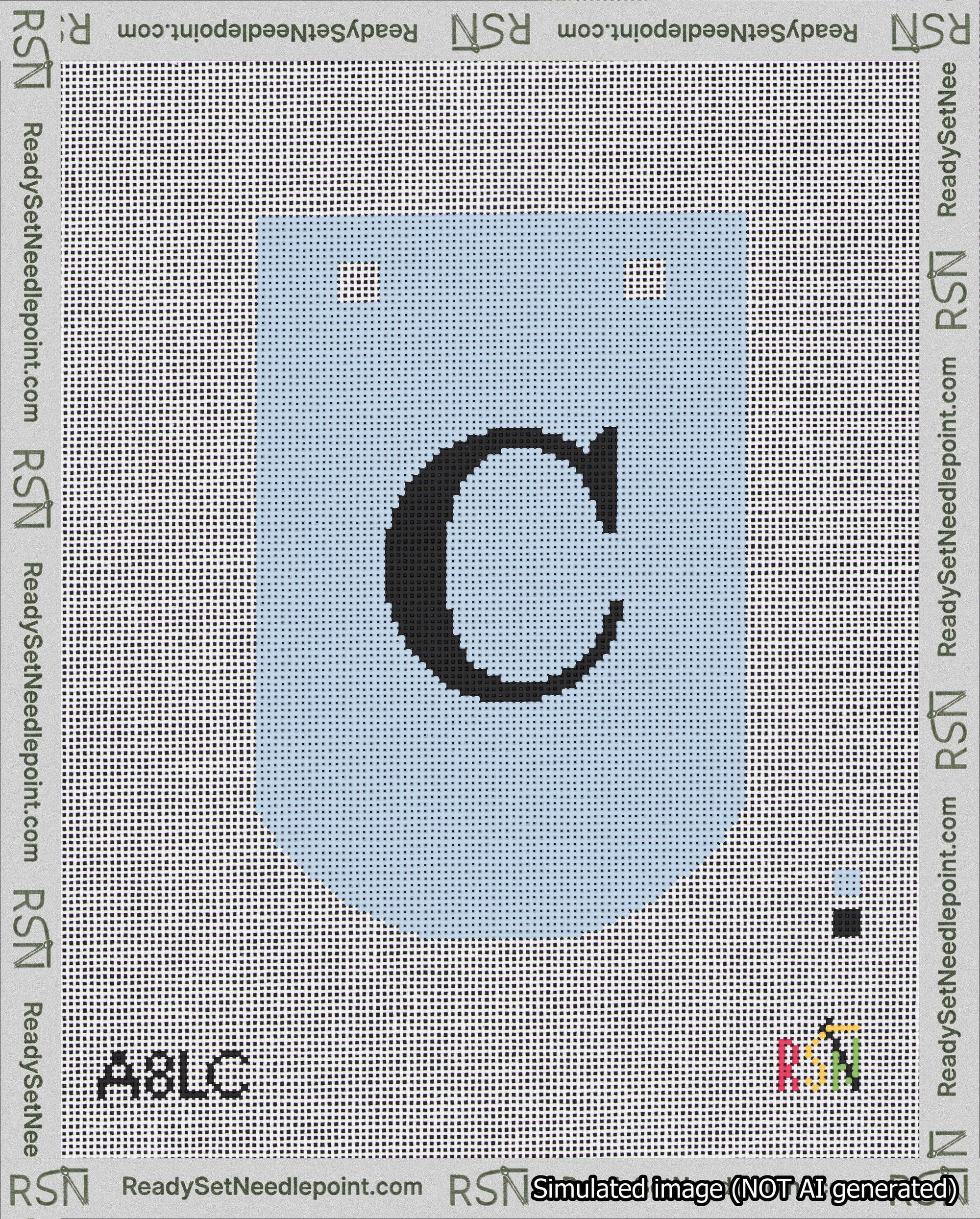 A taped needlepoint canvas with the design: Banner 18 mesh count Curved C Black on Light Blue.