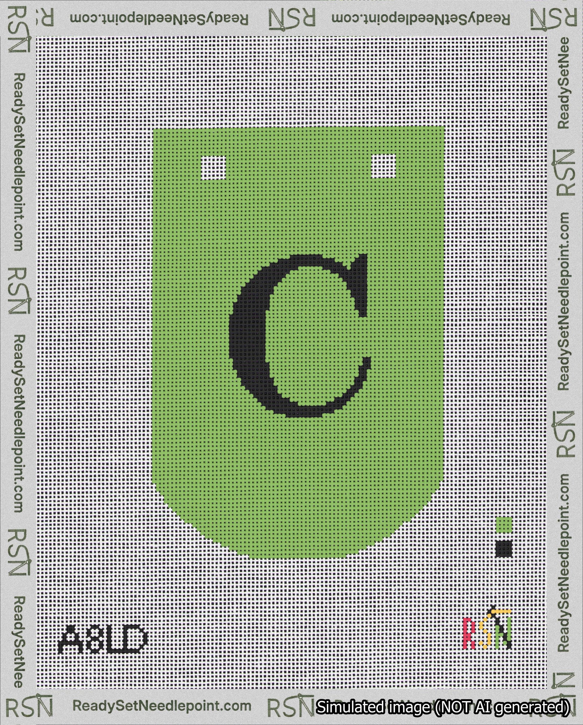 A taped needlepoint canvas with the design: Banner 18 mesh count Curved C Black on Light Green.