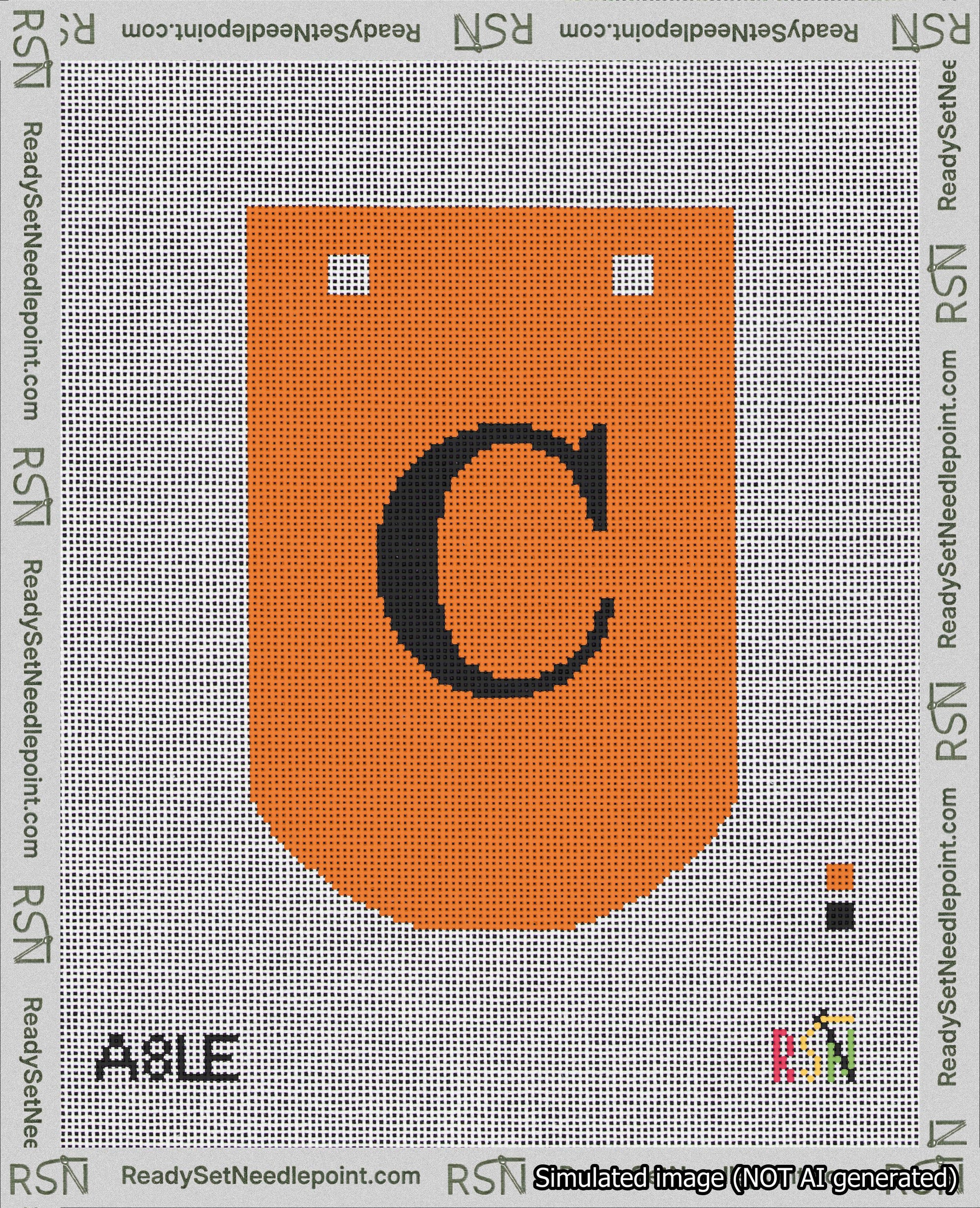 A taped needlepoint canvas with the design: Banner 18 mesh count Curved C Black on Orange.