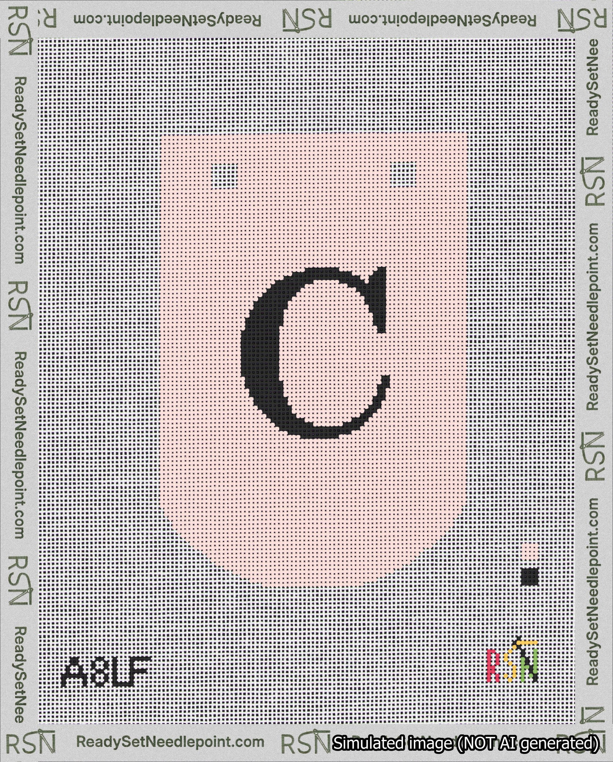 A taped needlepoint canvas with the design: Banner 18 mesh count Curved C Black on Pink.
