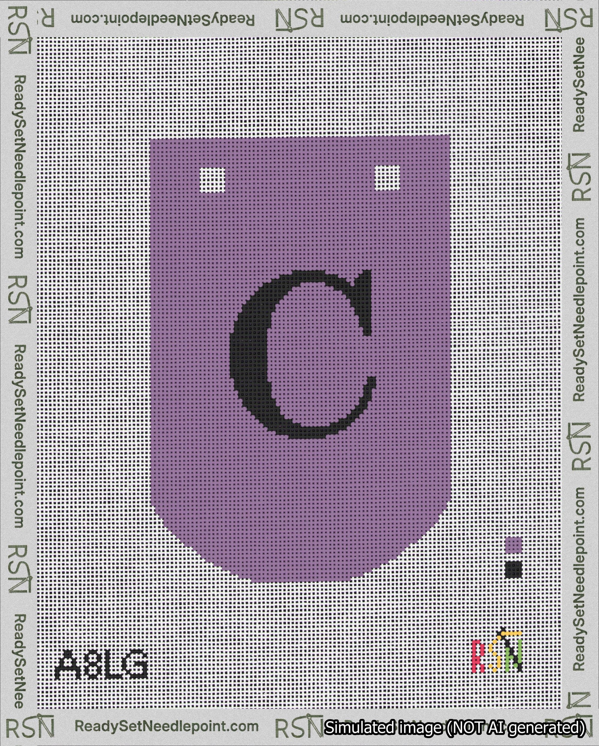 A taped needlepoint canvas with the design: Banner 18 mesh count Curved C Black on Purple.