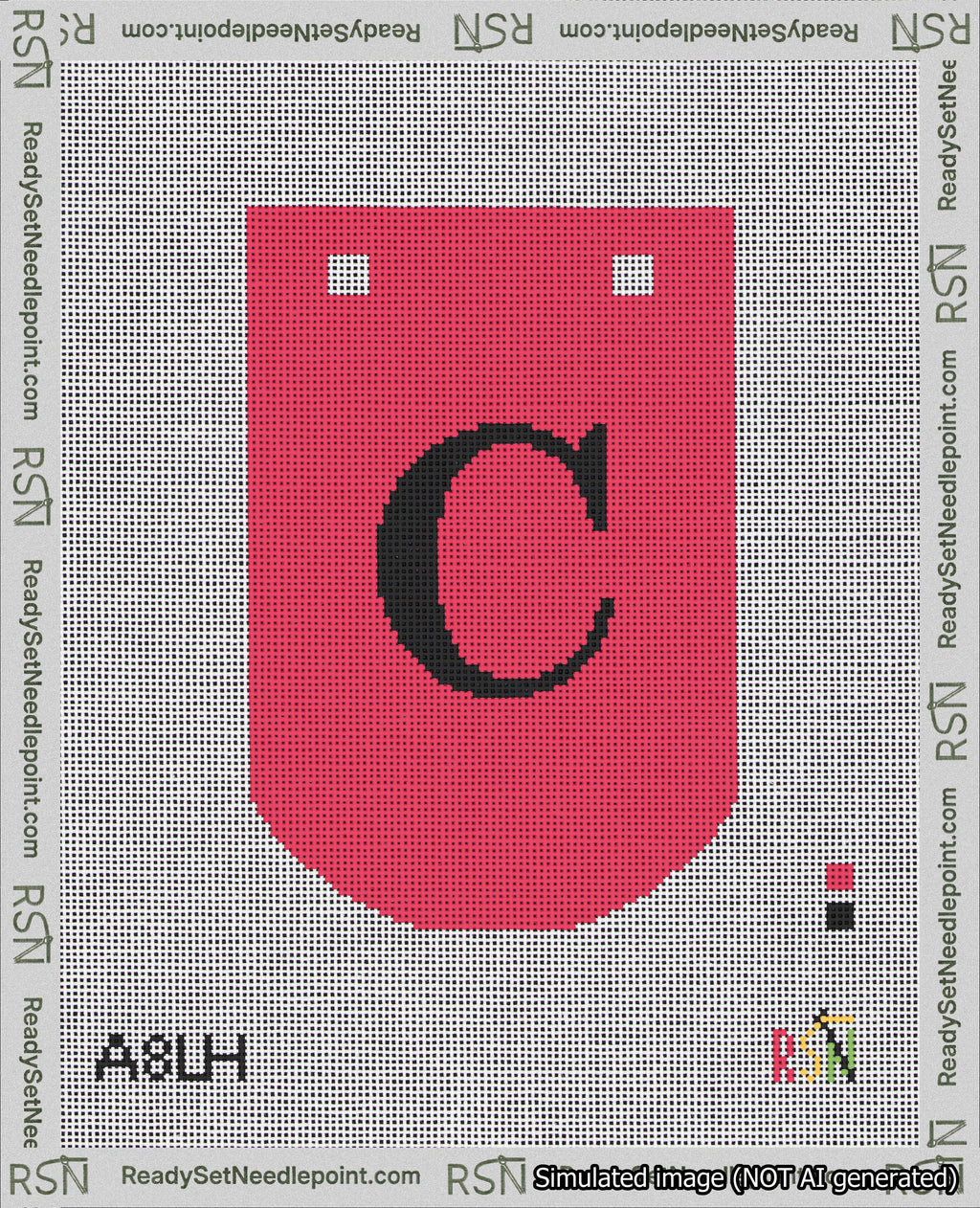 A taped needlepoint canvas with the design: Banner 18 mesh count Curved C Black on Red.