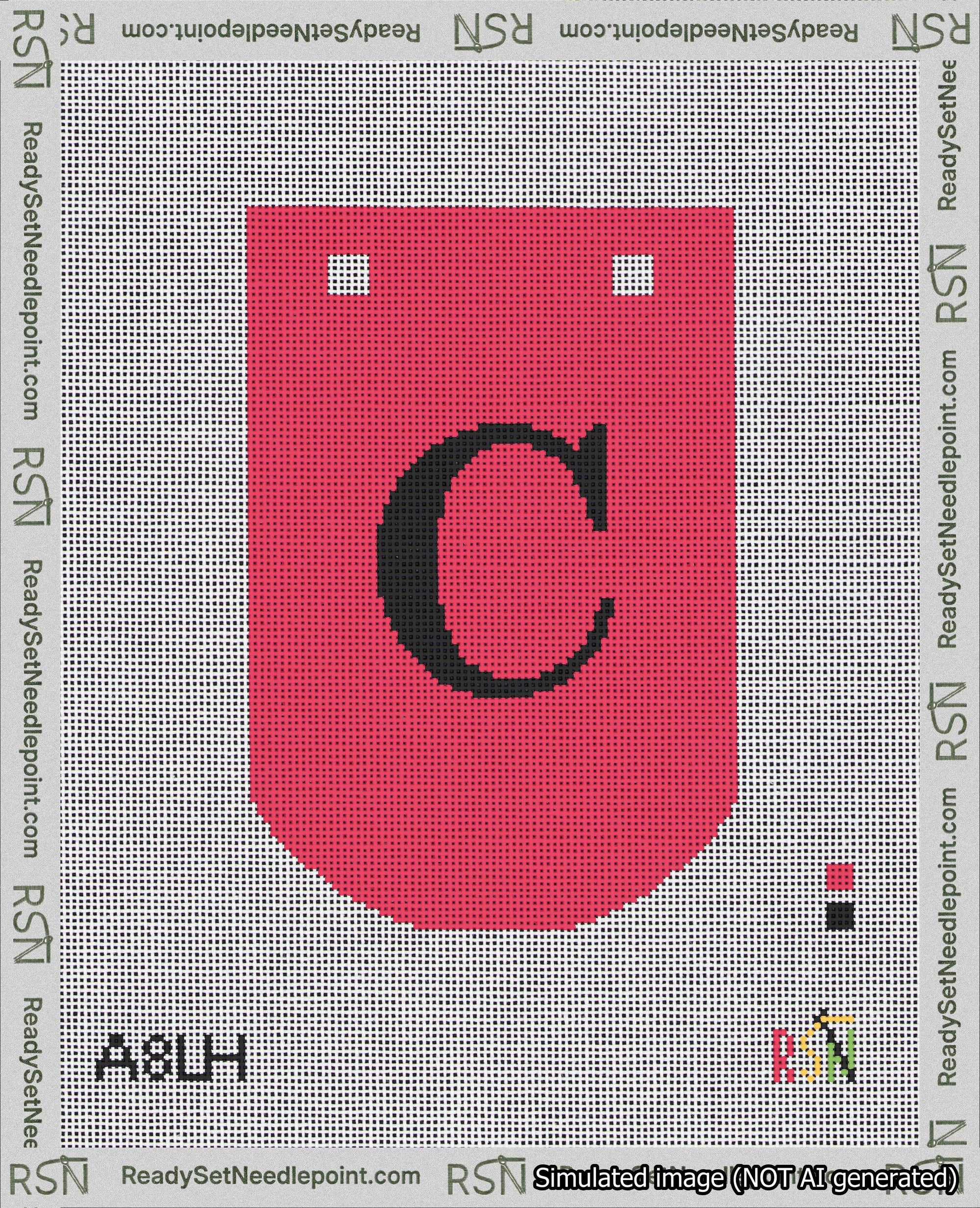 A taped needlepoint canvas with the design: Banner 18 mesh count Curved C Black on Red.