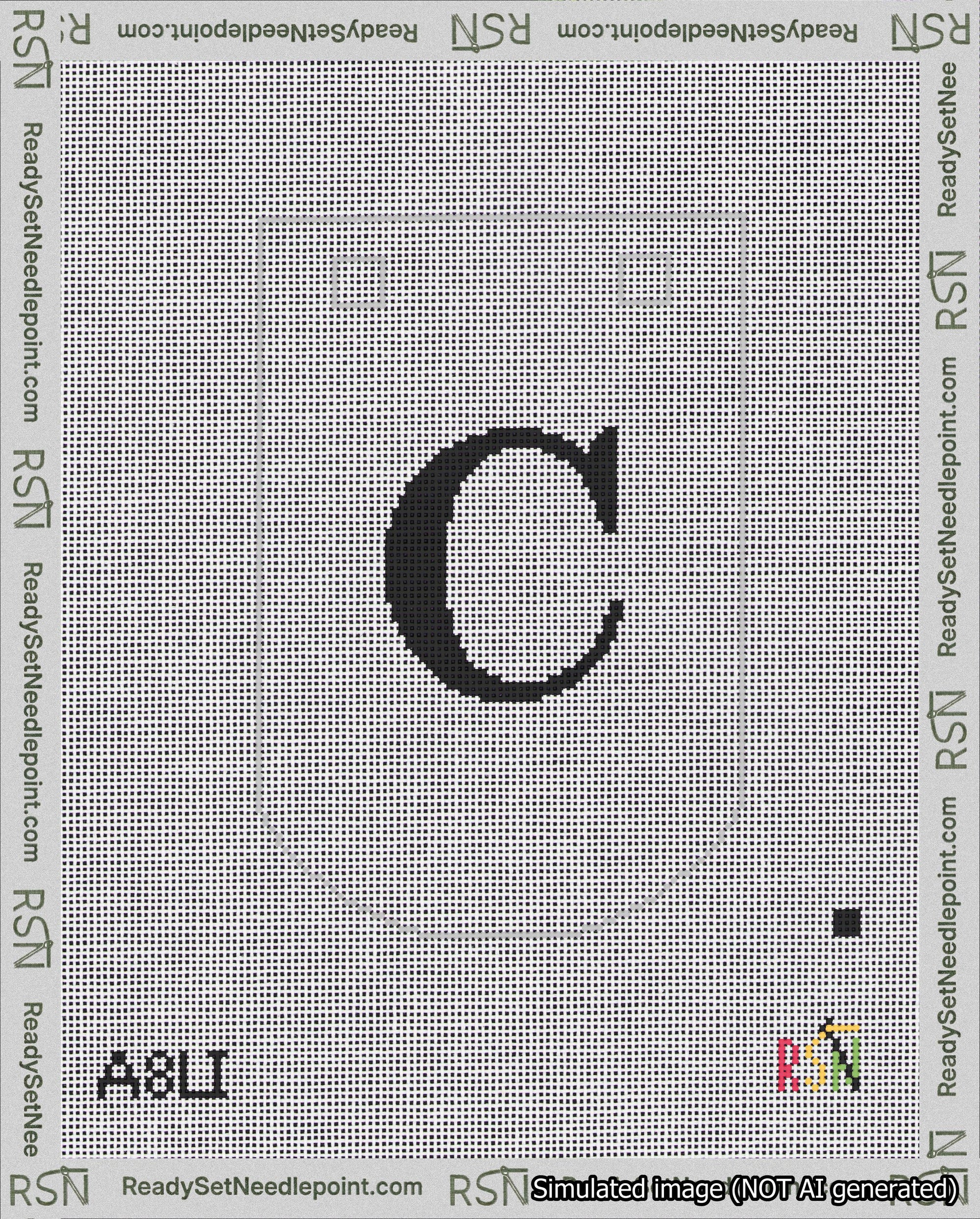 A taped needlepoint canvas with the design: Banner 18 mesh count Curved C Black on White.