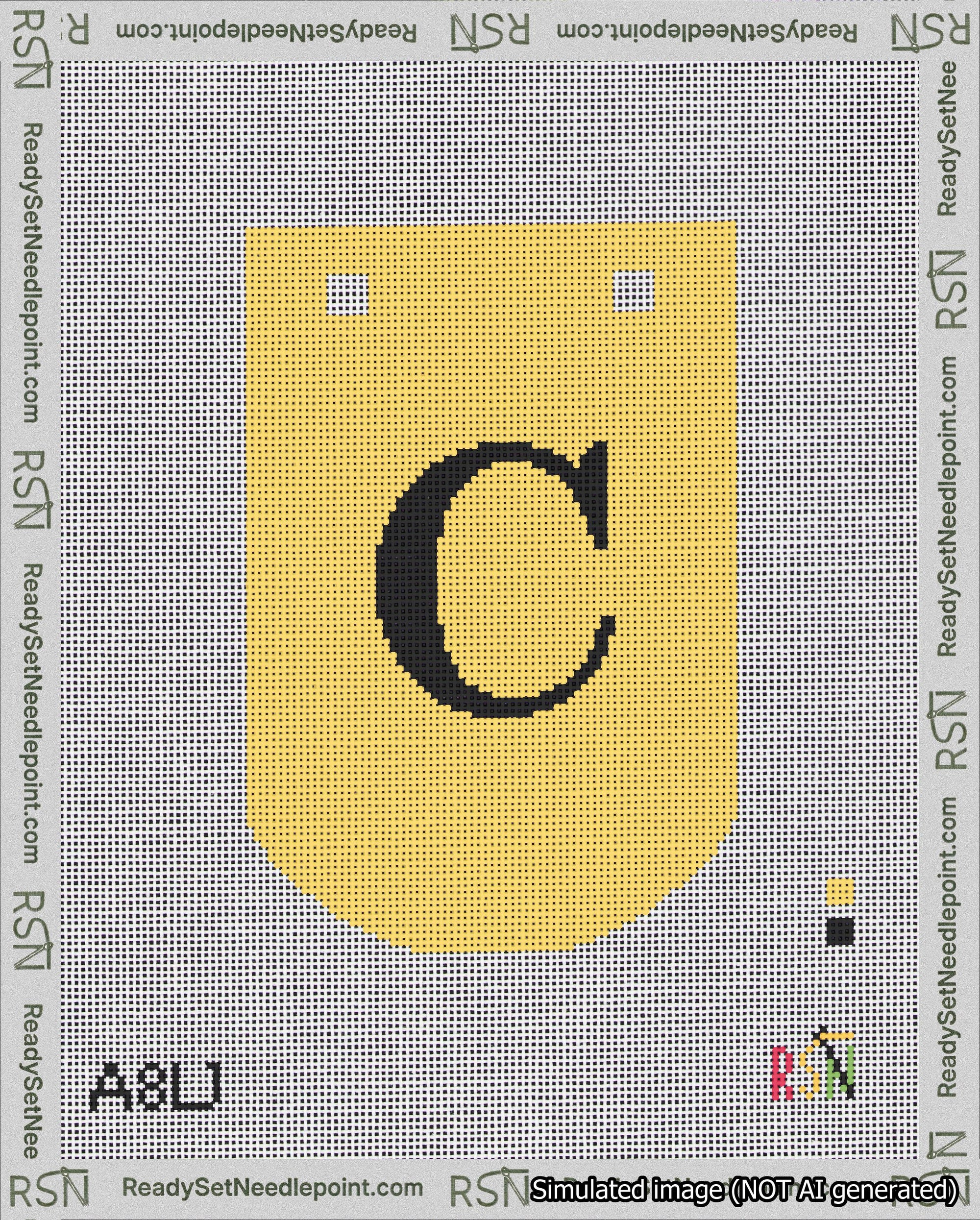 A taped needlepoint canvas with the design: Banner 18 mesh count Curved C Black on Yellow.
