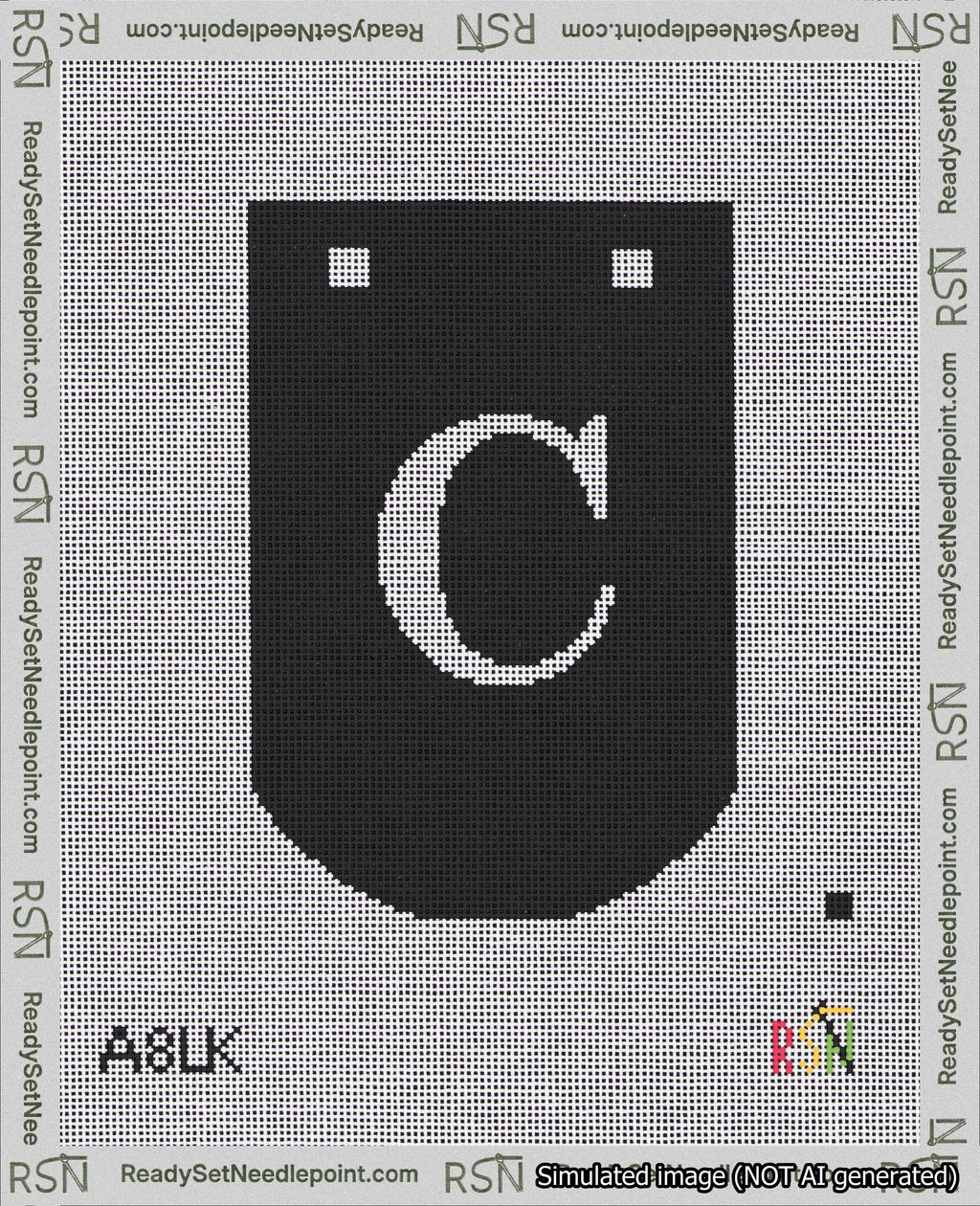 A taped needlepoint canvas with the design: Banner 18 mesh count Curved C White on Black.
