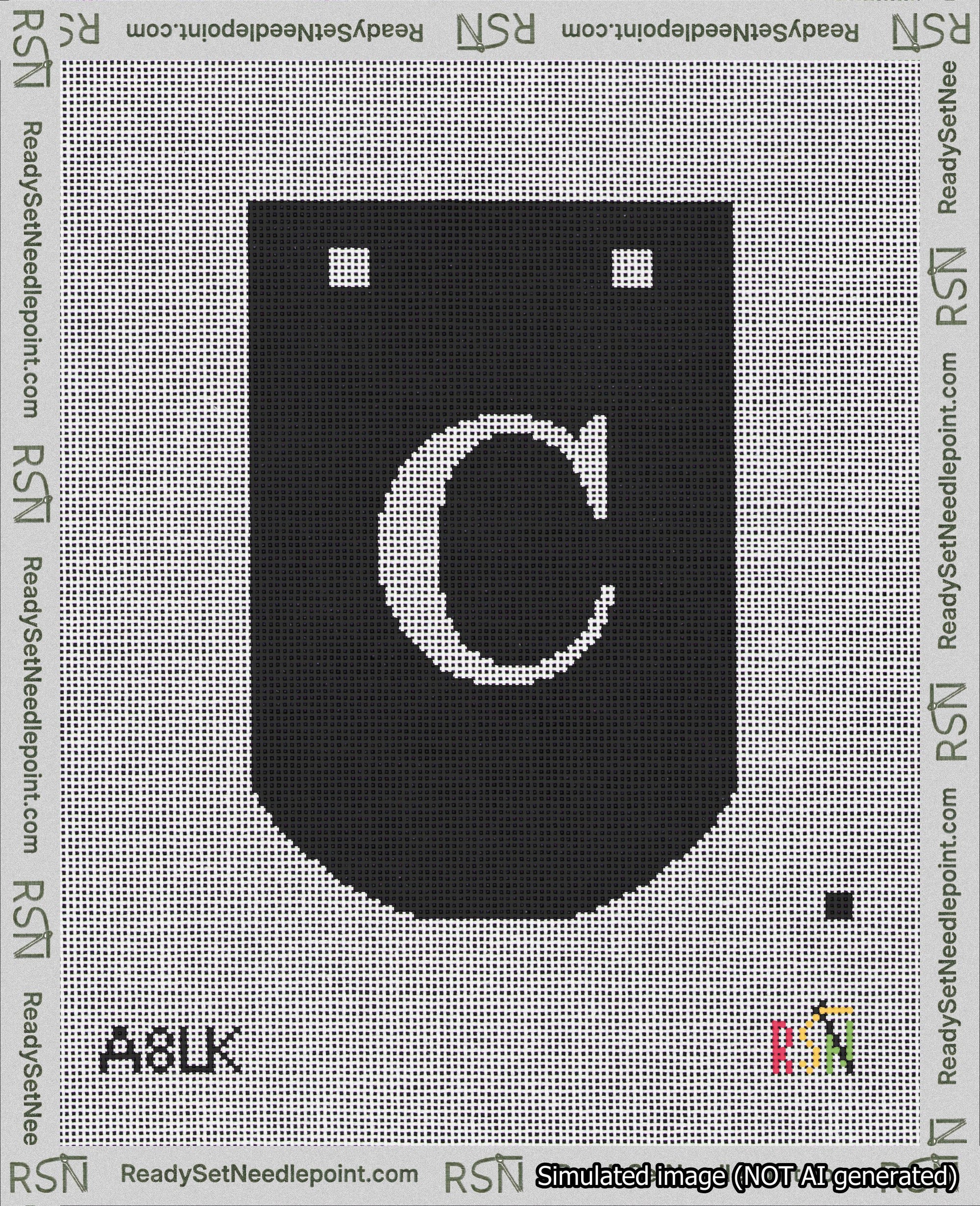 A taped needlepoint canvas with the design: Banner 18 mesh count Curved C White on Black.