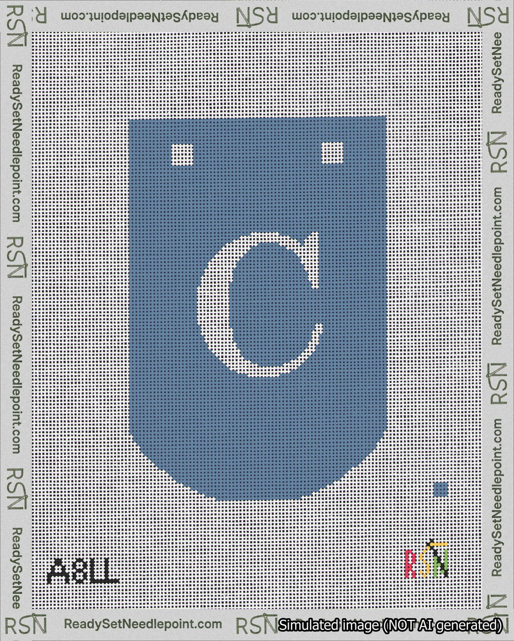 A taped needlepoint canvas with the design: Banner 18 mesh count Curved C White on Blue.