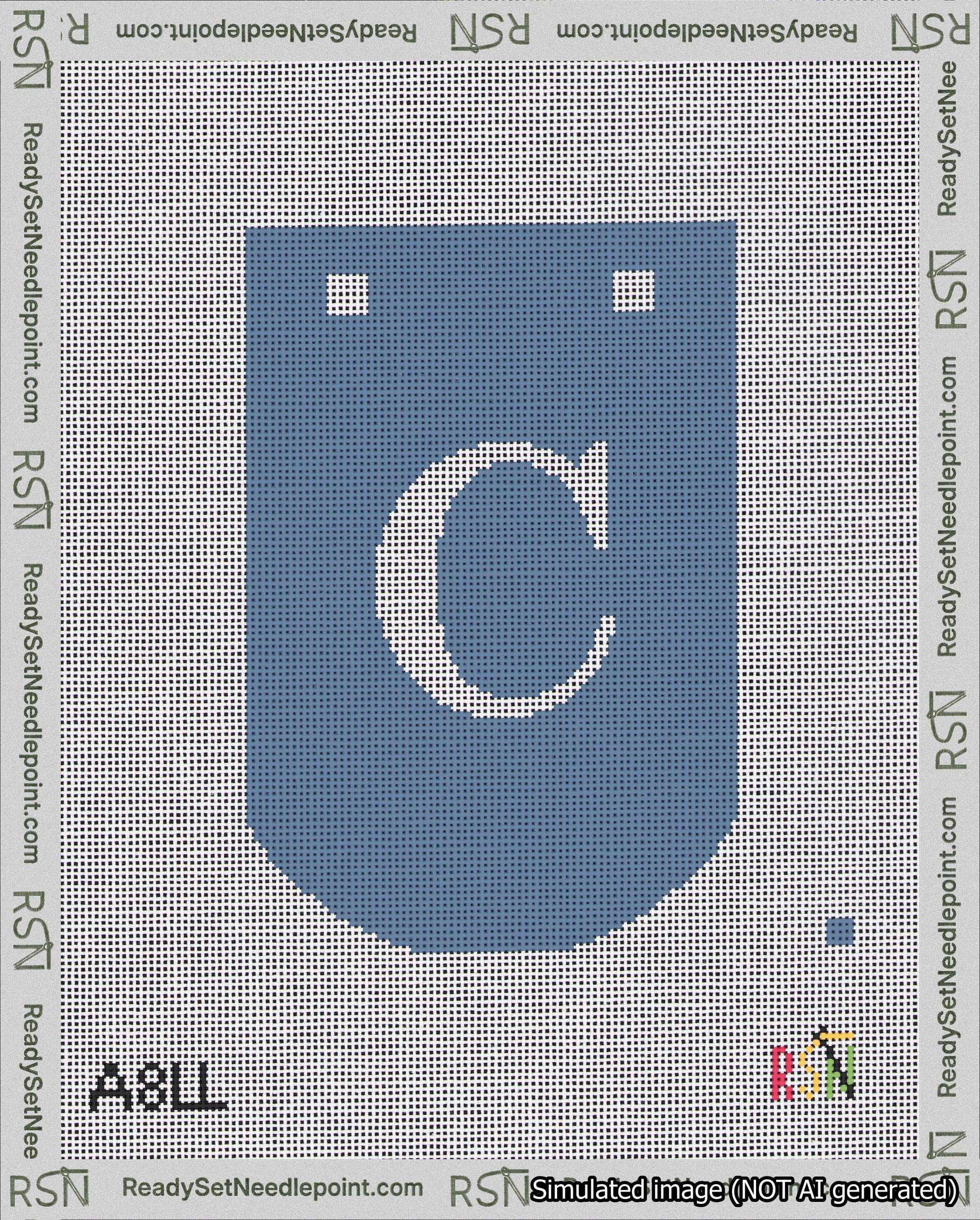 A taped needlepoint canvas with the design: Banner 18 mesh count Curved C White on Blue.
