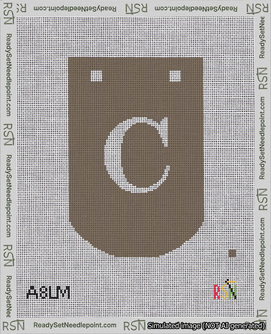 A taped needlepoint canvas with the design: Banner 18 mesh count Curved C White on Brown.