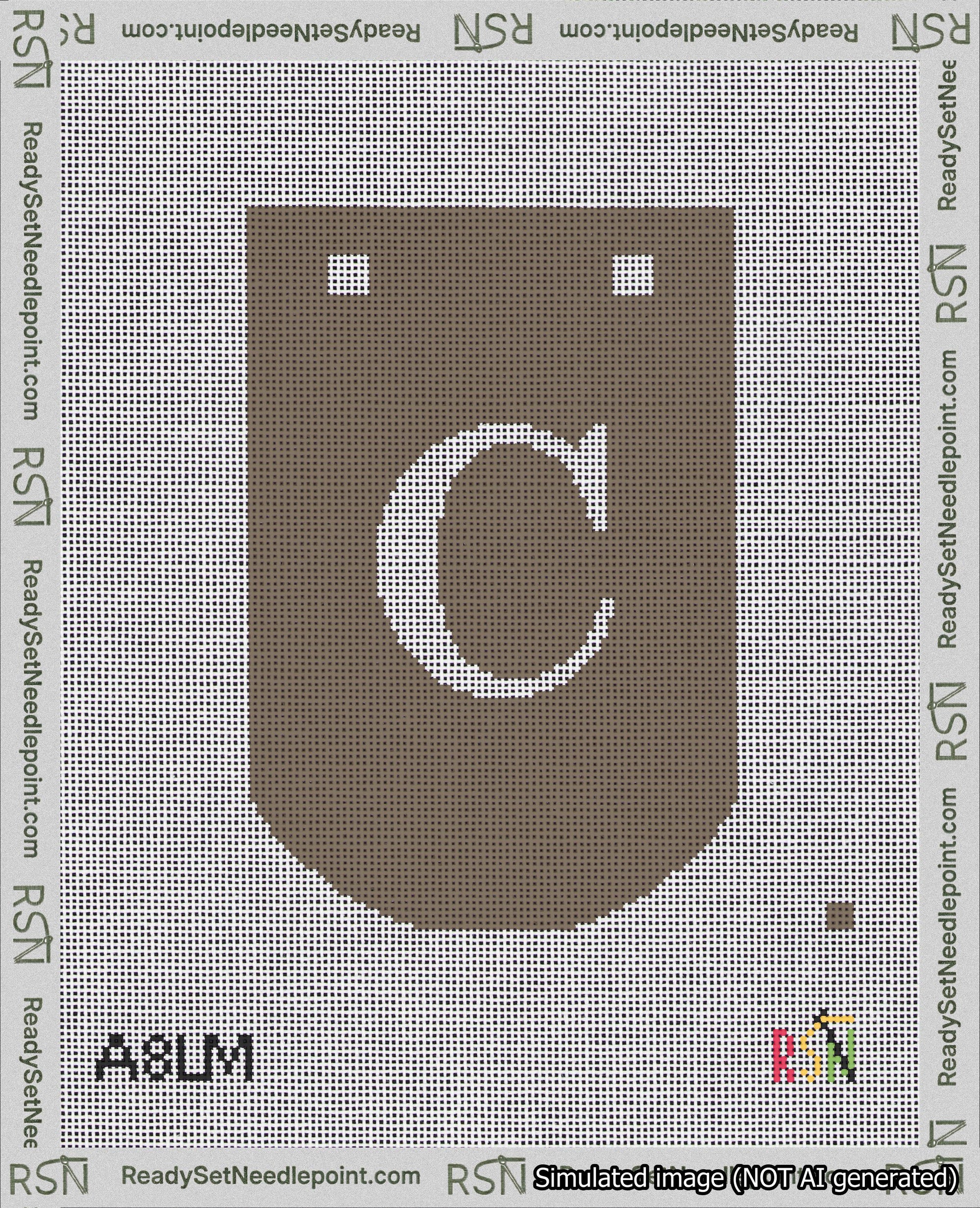 A taped needlepoint canvas with the design: Banner 18 mesh count Curved C White on Brown.