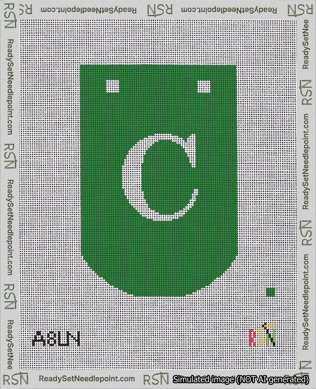 A taped needlepoint canvas with the design: Banner 18 mesh count Curved C White on Green.