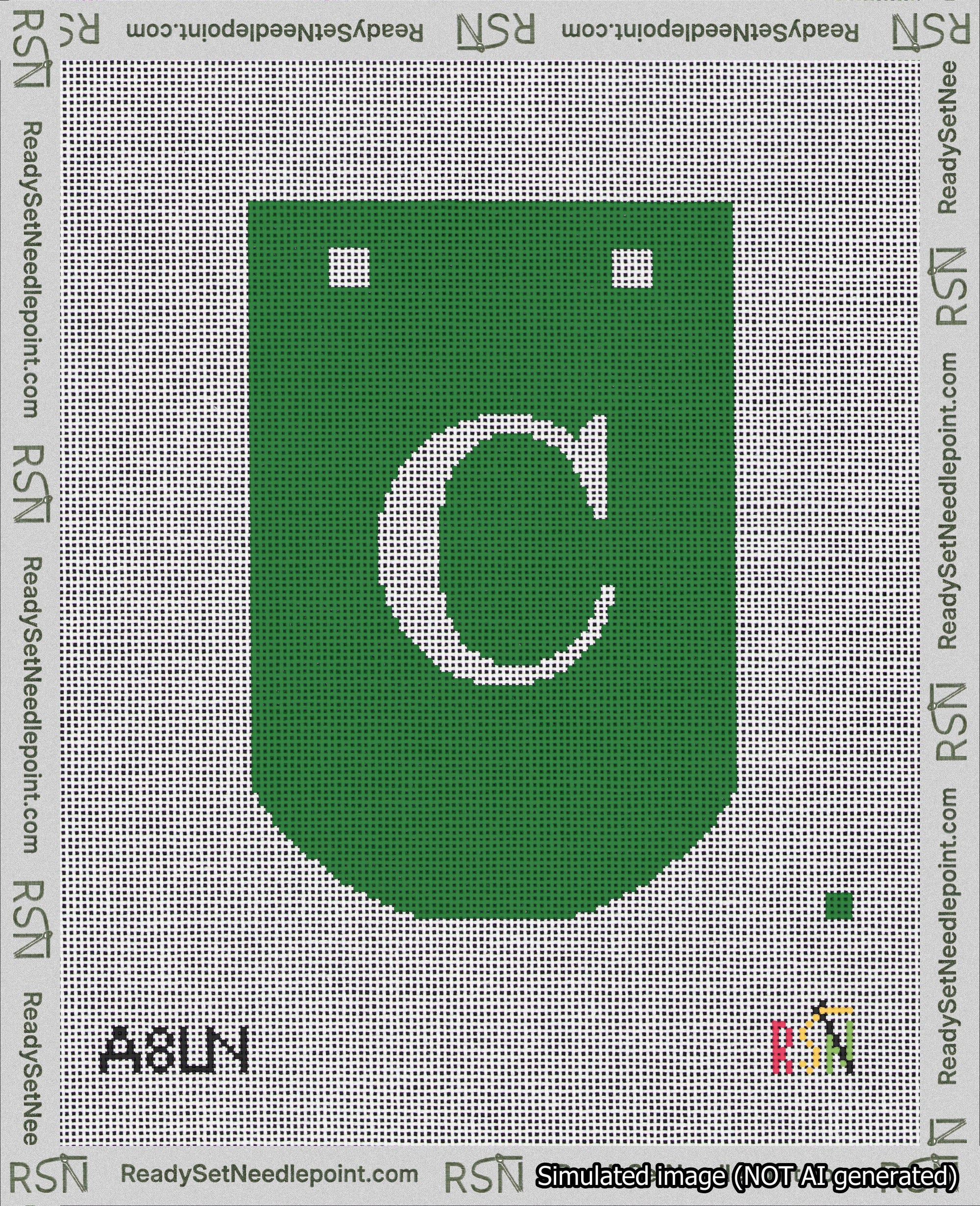 A taped needlepoint canvas with the design: Banner 18 mesh count Curved C White on Green.