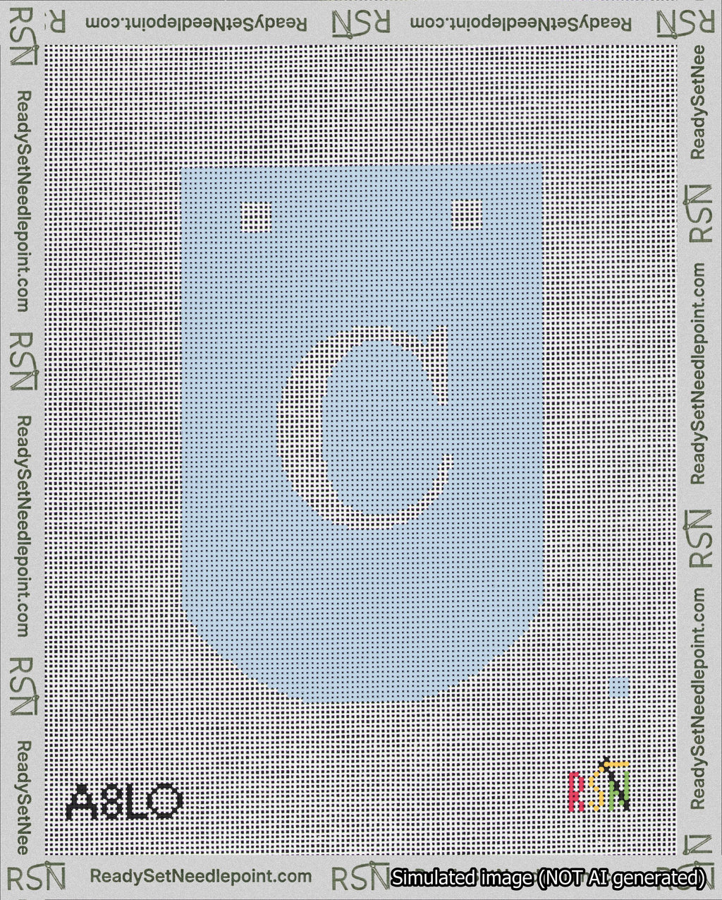 A taped needlepoint canvas with the design: Banner 18 mesh count Curved C White on Light Blue.