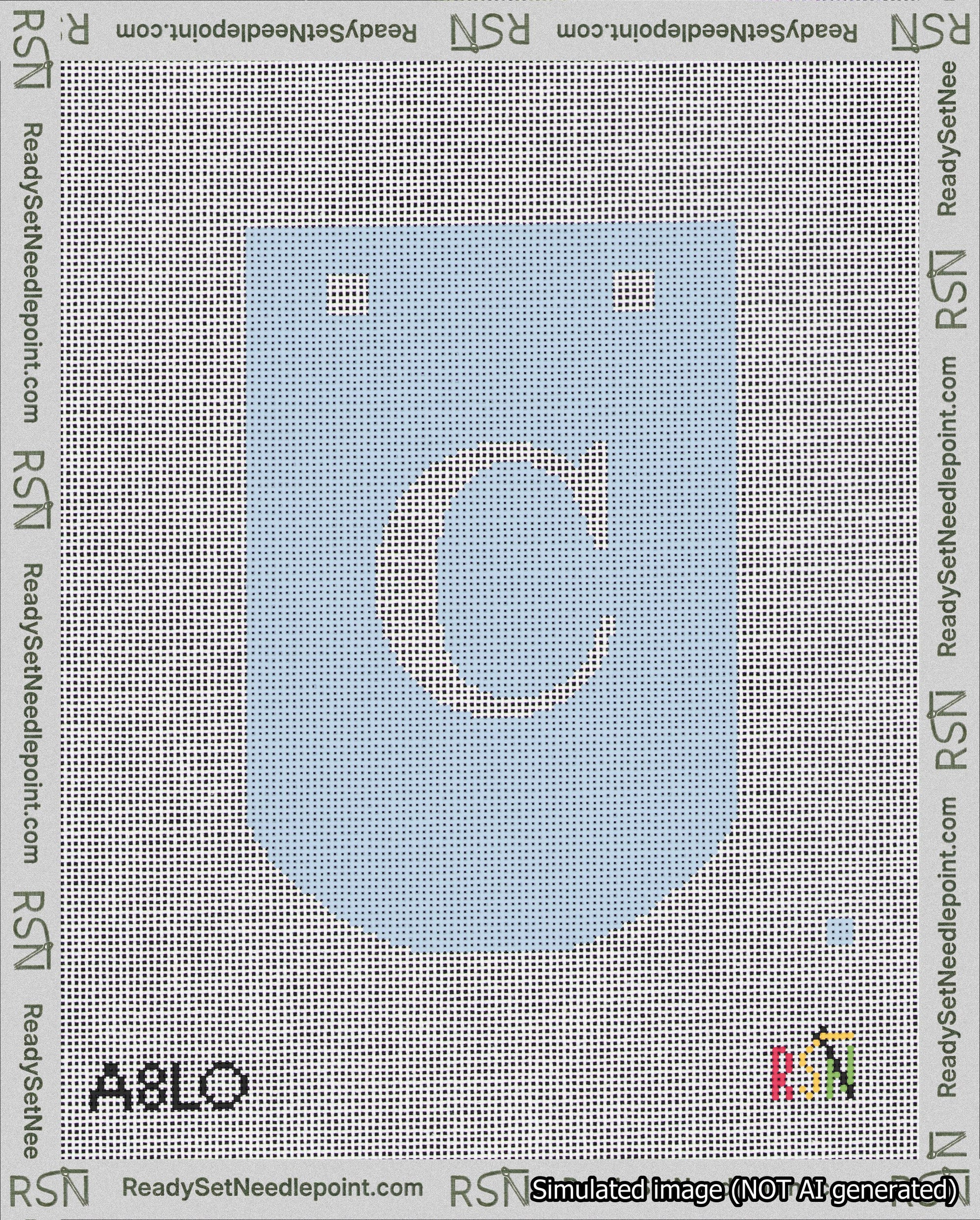 A taped needlepoint canvas with the design: Banner 18 mesh count Curved C White on Light Blue.