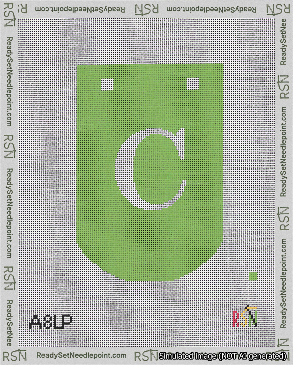 A taped needlepoint canvas with the design: Banner 18 mesh count Curved C White on Light Green.