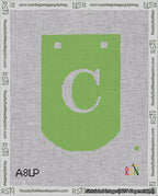 A taped needlepoint canvas with the design: Banner 18 mesh count Curved C White on Light Green.