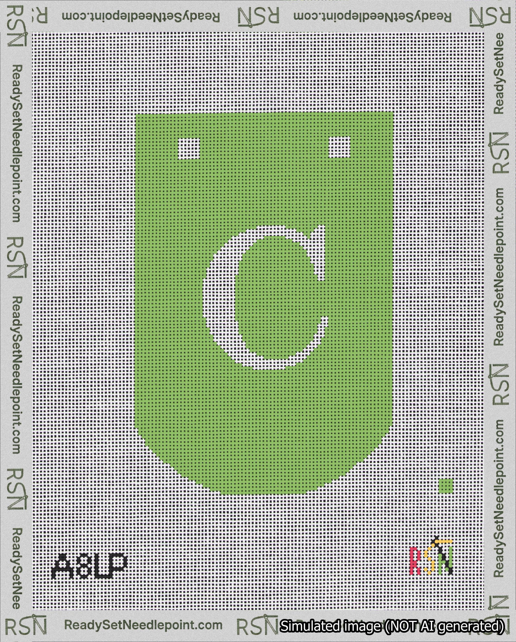 A taped needlepoint canvas with the design: Banner 18 mesh count Curved C White on Light Green.