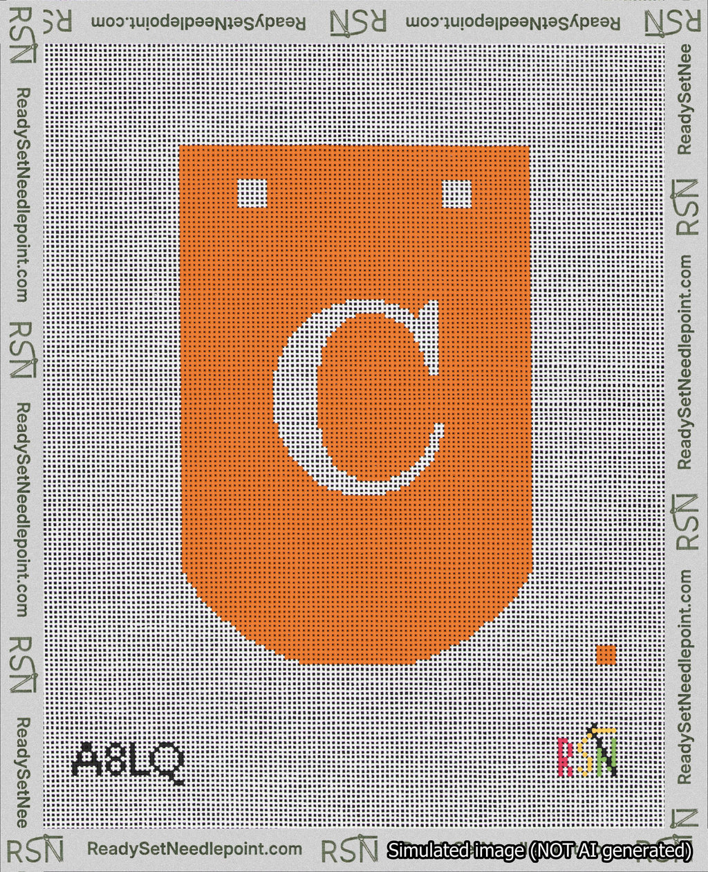 A taped needlepoint canvas with the design: Banner 18 mesh count Curved C White on Orange.