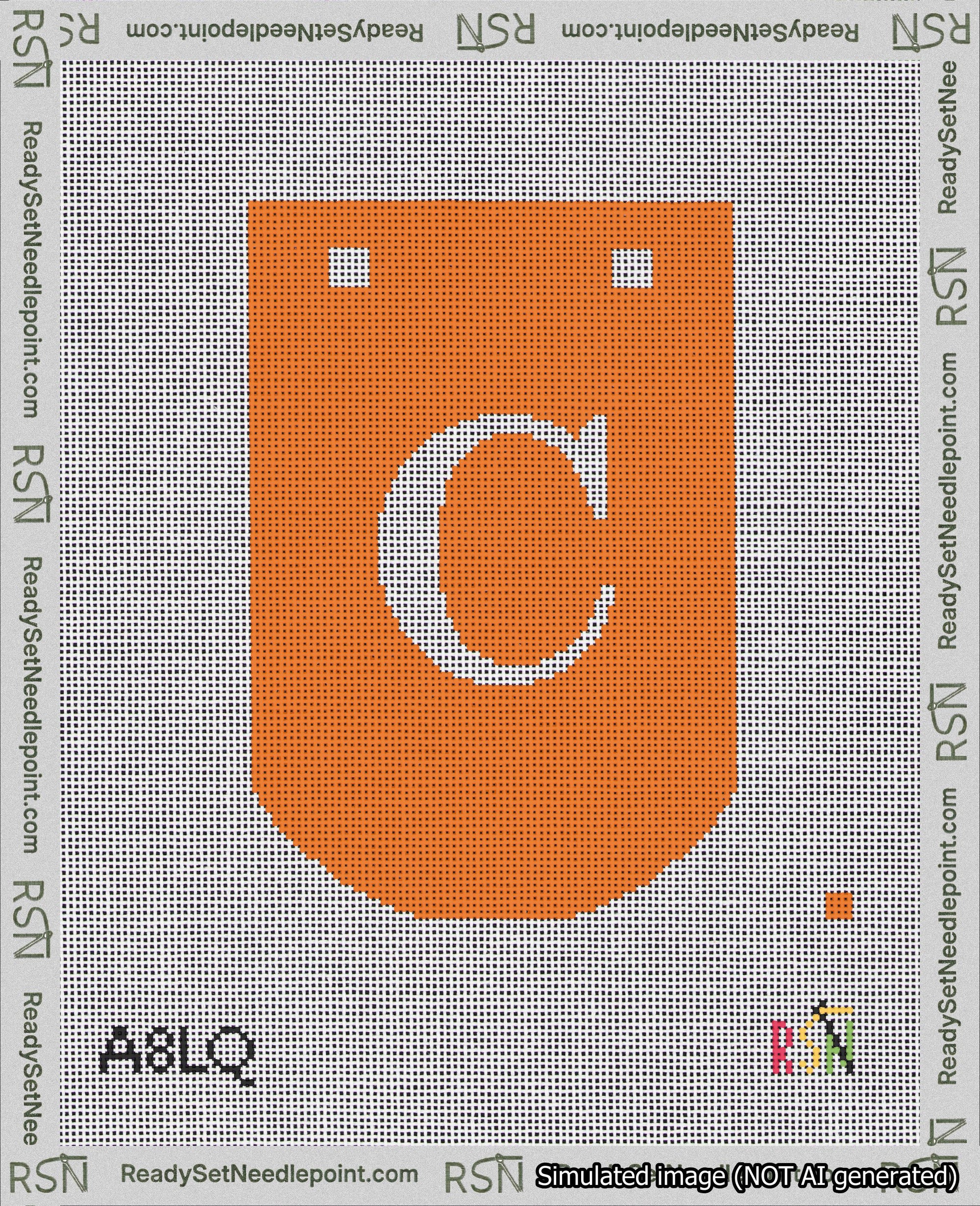 A taped needlepoint canvas with the design: Banner 18 mesh count Curved C White on Orange.