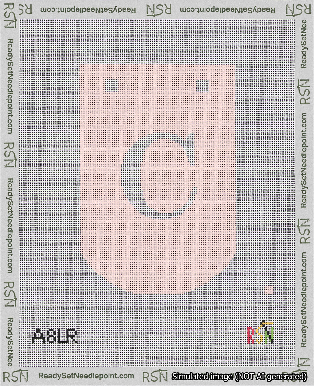 A taped needlepoint canvas with the design: Banner 18 mesh count Curved C White on Pink.