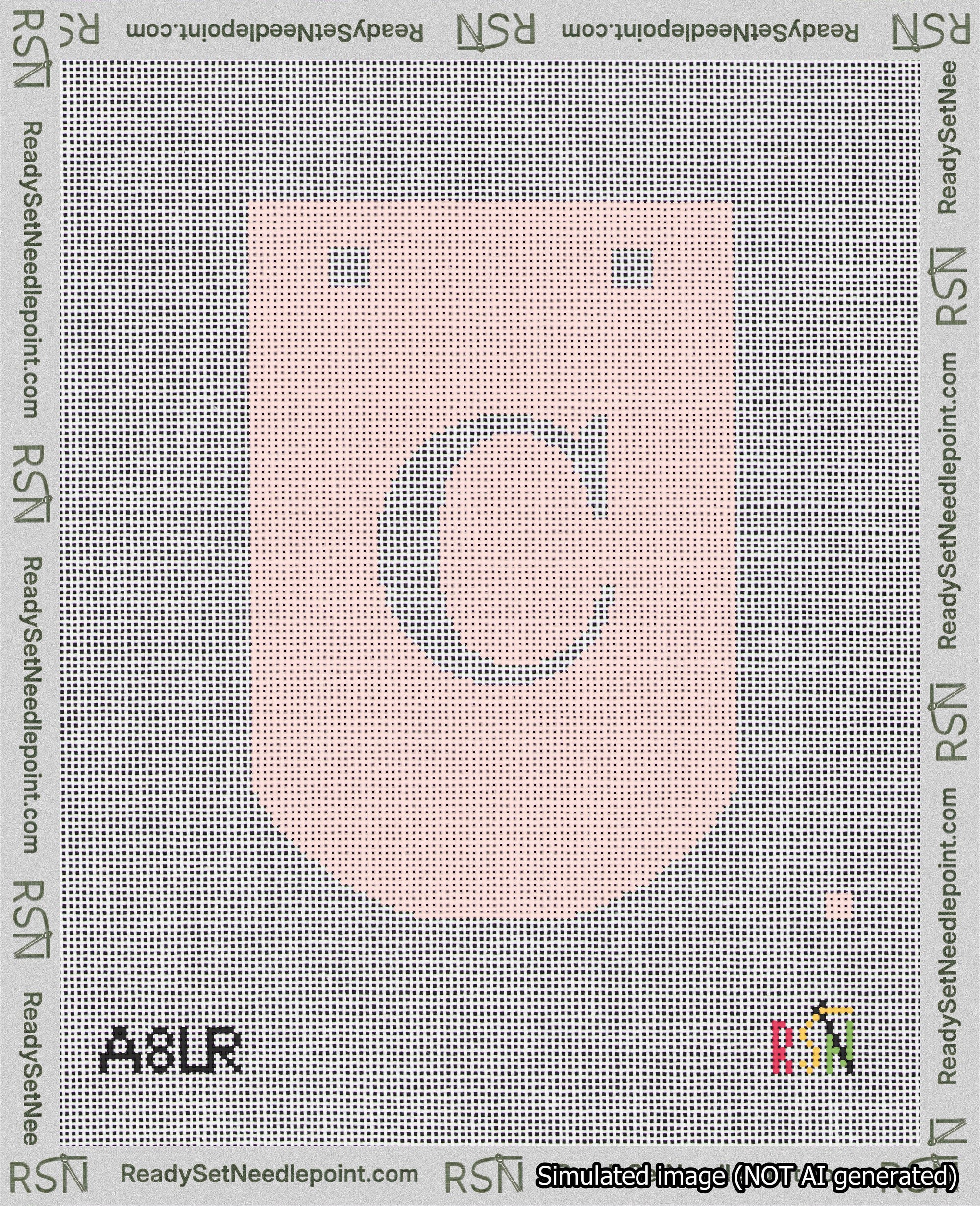 A taped needlepoint canvas with the design: Banner 18 mesh count Curved C White on Pink.