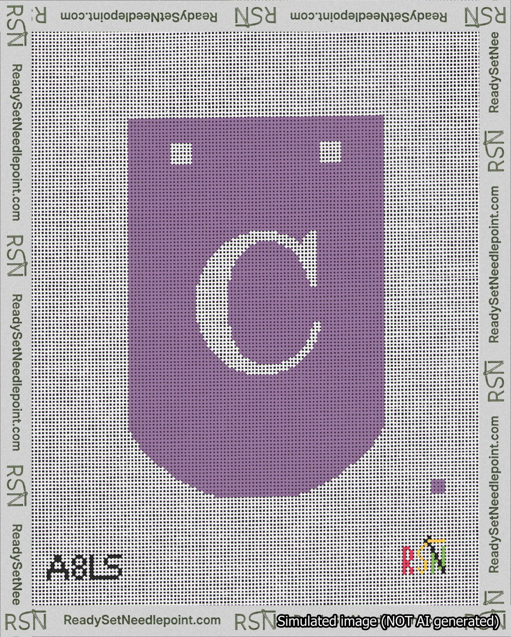 A taped needlepoint canvas with the design: Banner 18 mesh count Curved C White on Purple.