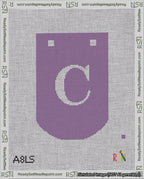 A taped needlepoint canvas with the design: Banner 18 mesh count Curved C White on Purple.