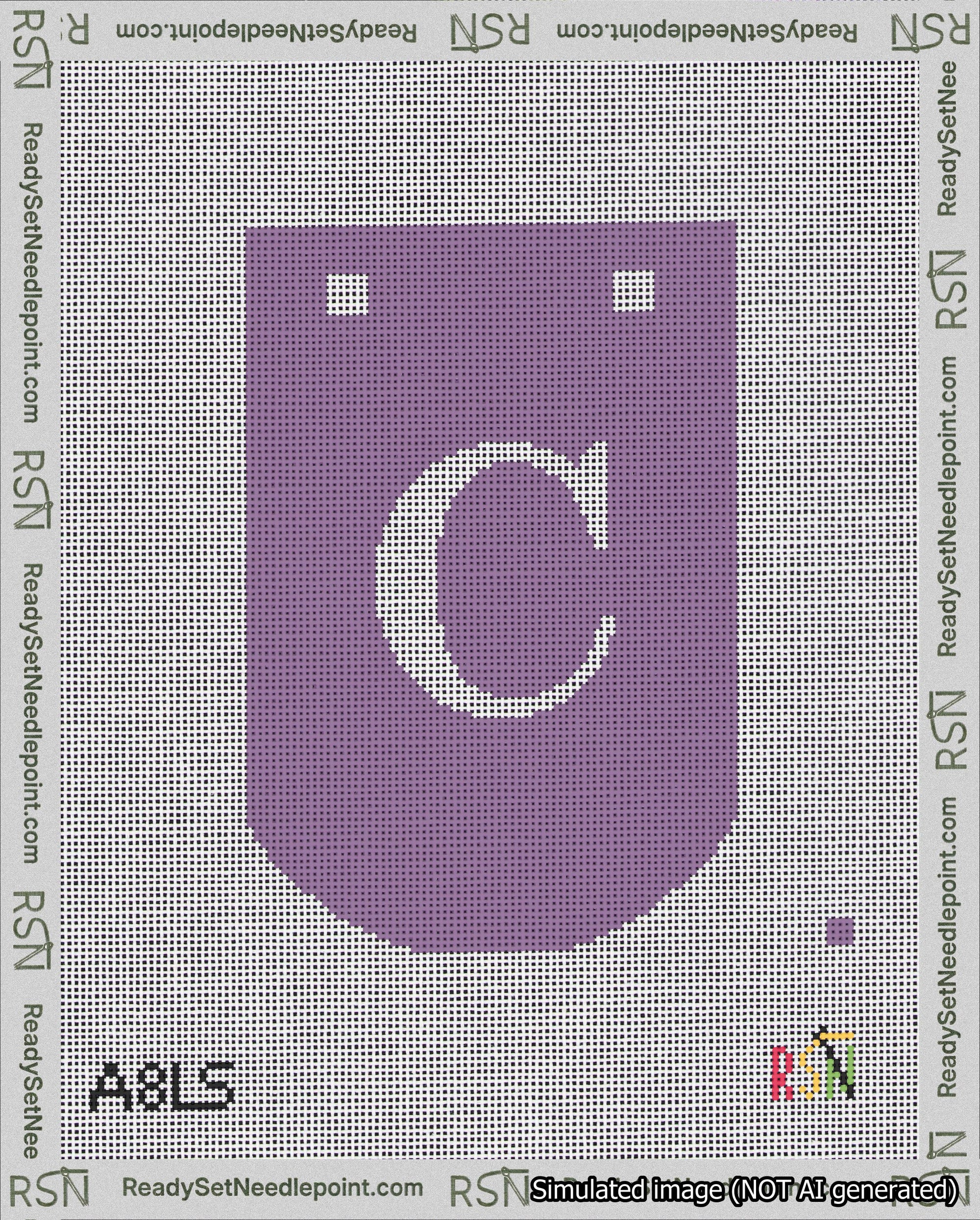 A taped needlepoint canvas with the design: Banner 18 mesh count Curved C White on Purple.