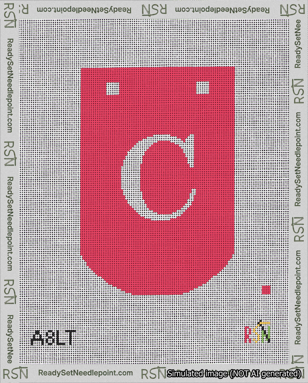 A taped needlepoint canvas with the design: Banner 18 mesh count Curved C White on Red.