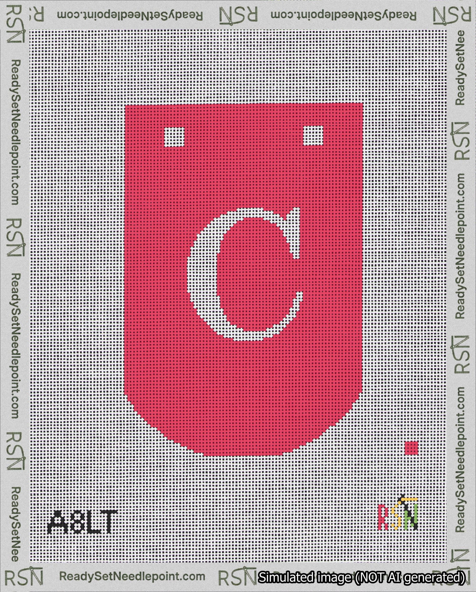 A taped needlepoint canvas with the design: Banner 18 mesh count Curved C White on Red.