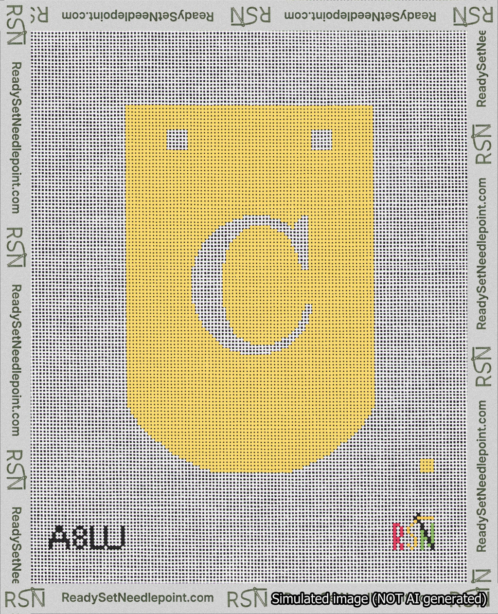 A taped needlepoint canvas with the design: Banner 18 mesh count Curved C White on Yellow.