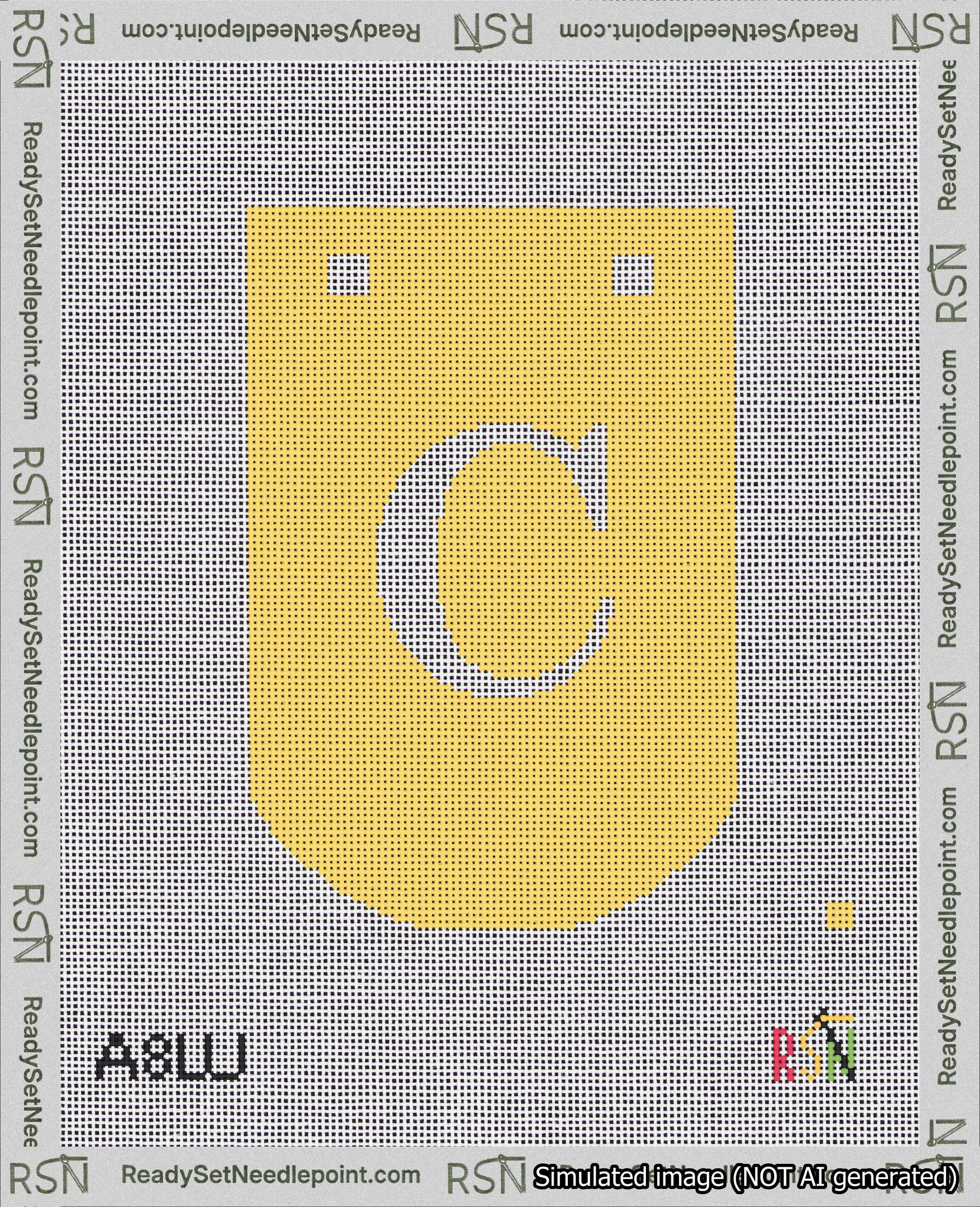 A taped needlepoint canvas with the design: Banner 18 mesh count Curved C White on Yellow.