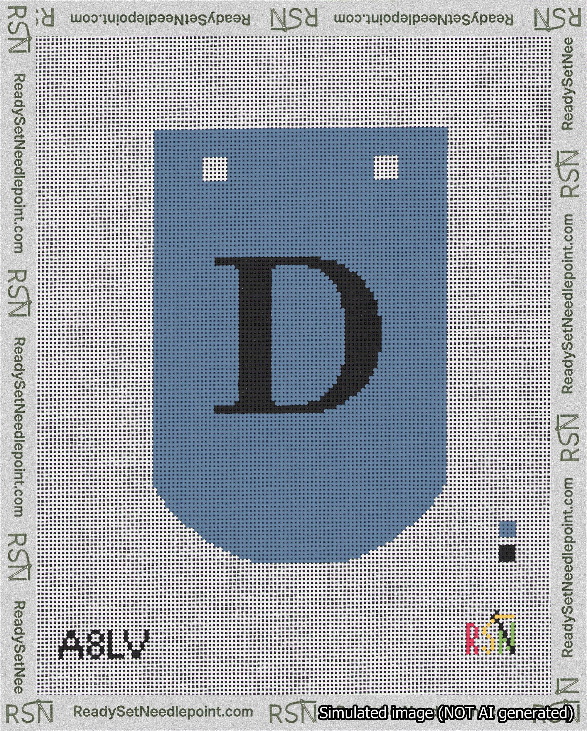 A taped needlepoint canvas with the design: Banner 18 mesh count Curved D Black on Blue.