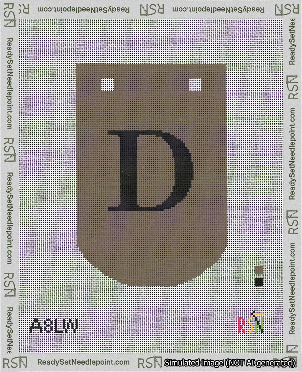 A taped needlepoint canvas with the design: Banner 18 mesh count Curved D Black on Brown.